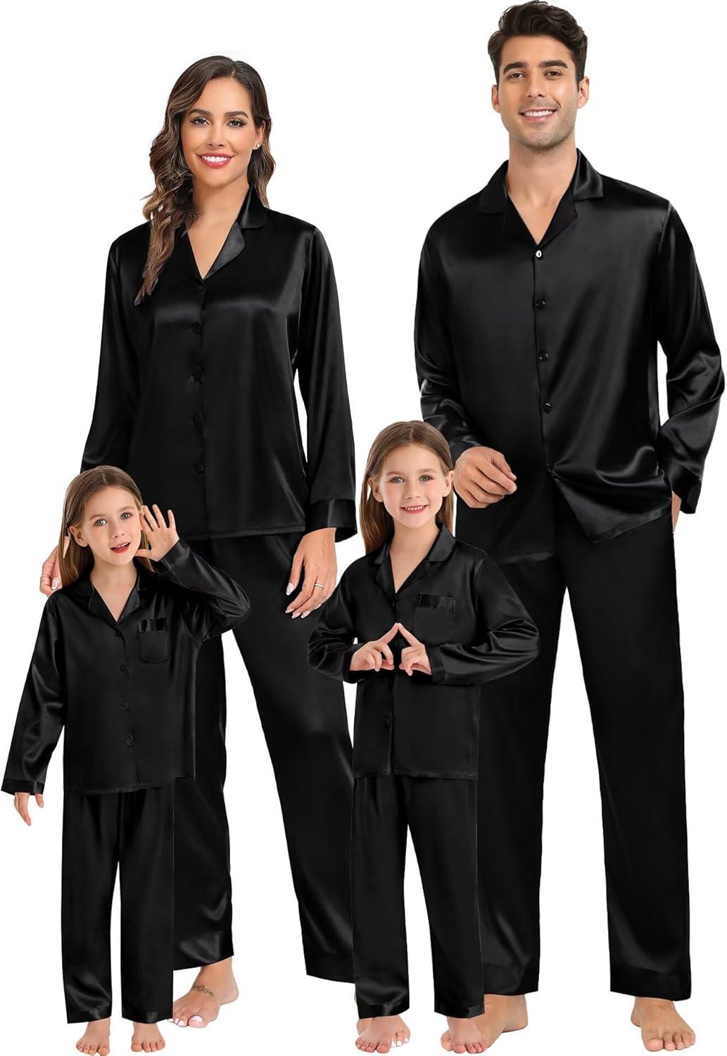 imageSWOMOG Family Matching Pajamas Silk Satin Long Sleeve Sleepwear Soft Button Down Loungewear 2 Pcs Pj SetBlack