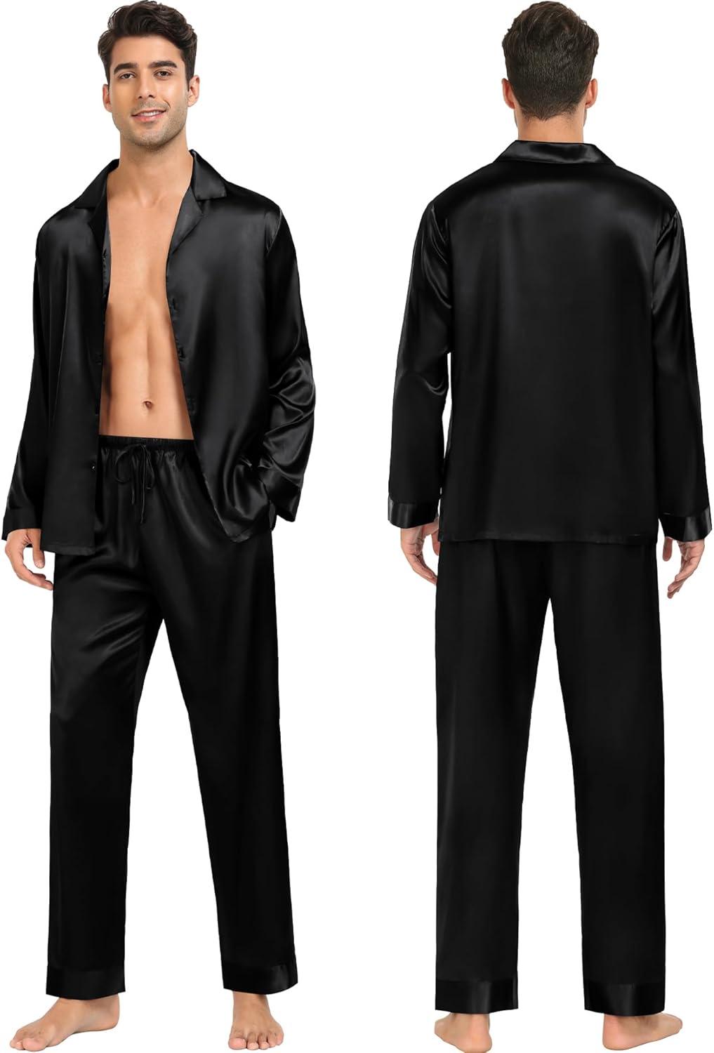 imageSWOMOG Family Matching Pajamas Silk Satin Long Sleeve Sleepwear Soft Button Down Loungewear 2 Pcs Pj SetBlack