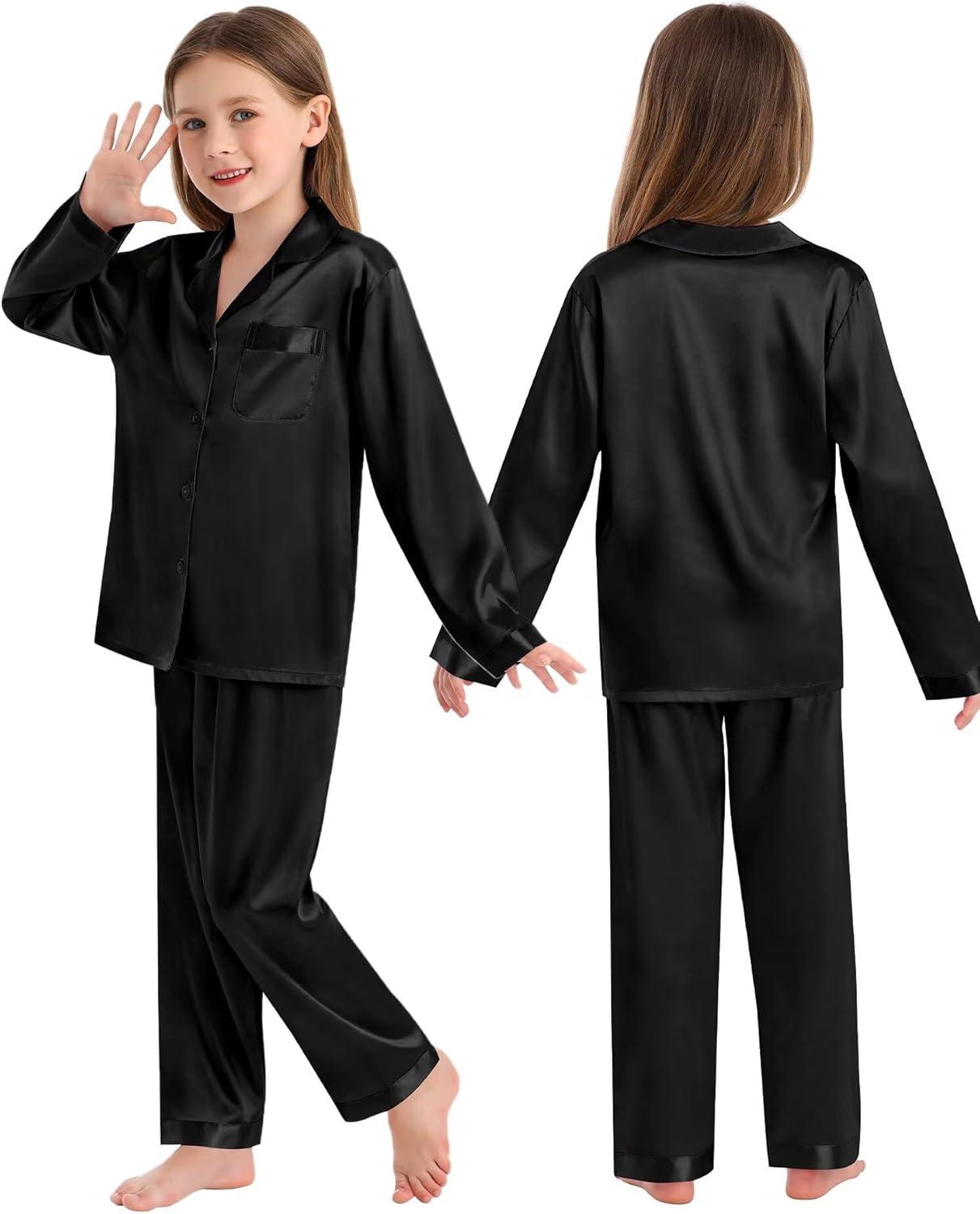 imageSWOMOG Family Matching Pajamas Silk Satin Long Sleeve Sleepwear Soft Button Down Loungewear 2 Pcs Pj SetBlack