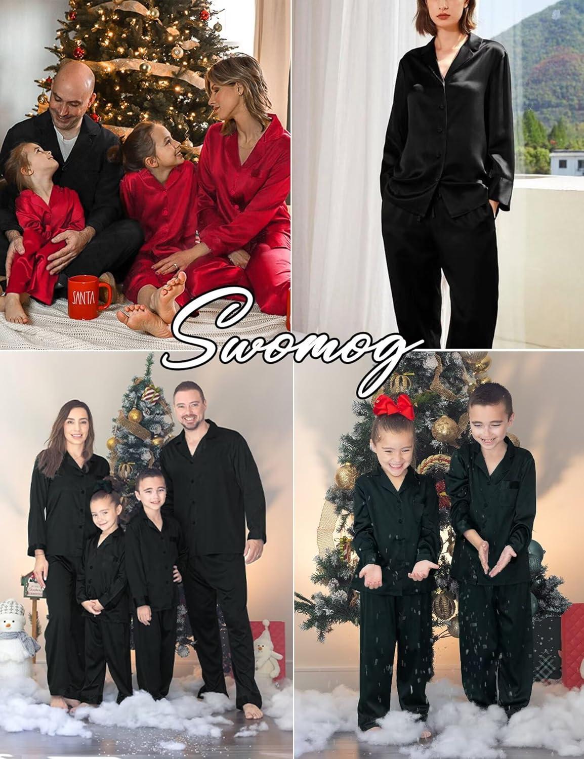 imageSWOMOG Family Matching Pajamas Silk Satin Long Sleeve Sleepwear Soft Button Down Loungewear 2 Pcs Pj SetBlack