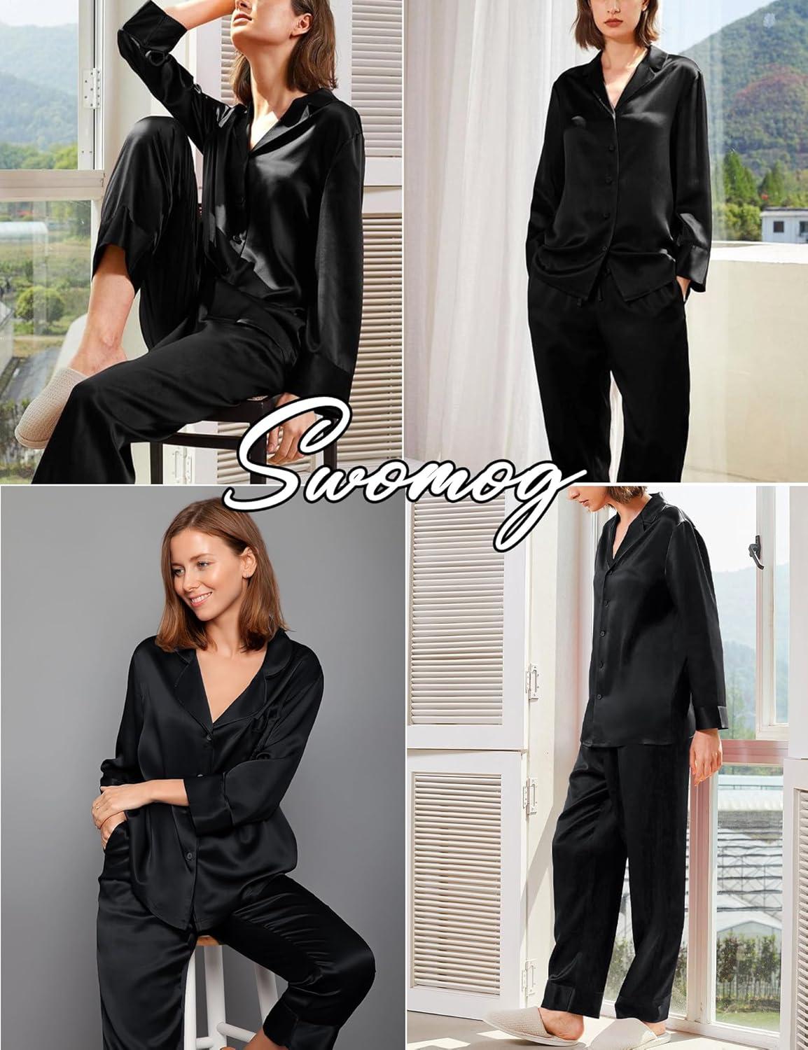 imageSWOMOG Family Matching Pajamas Silk Satin Long Sleeve Sleepwear Soft Button Down Loungewear 2 Pcs Pj SetBlack