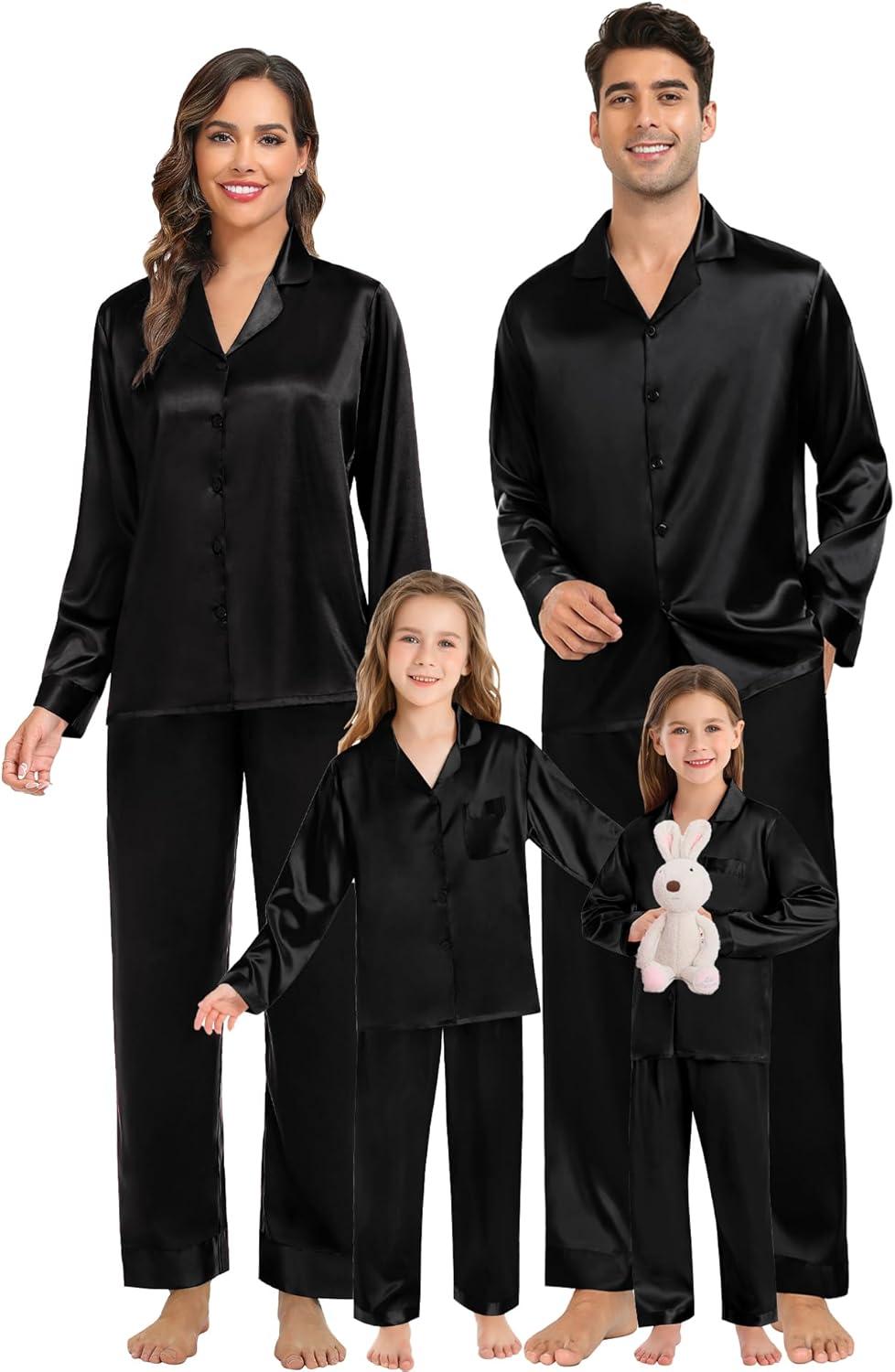 imageSWOMOG Family Matching Pajamas Silk Satin Long Sleeve Sleepwear Soft Button Down Loungewear 2 Pcs Pj SetBlack