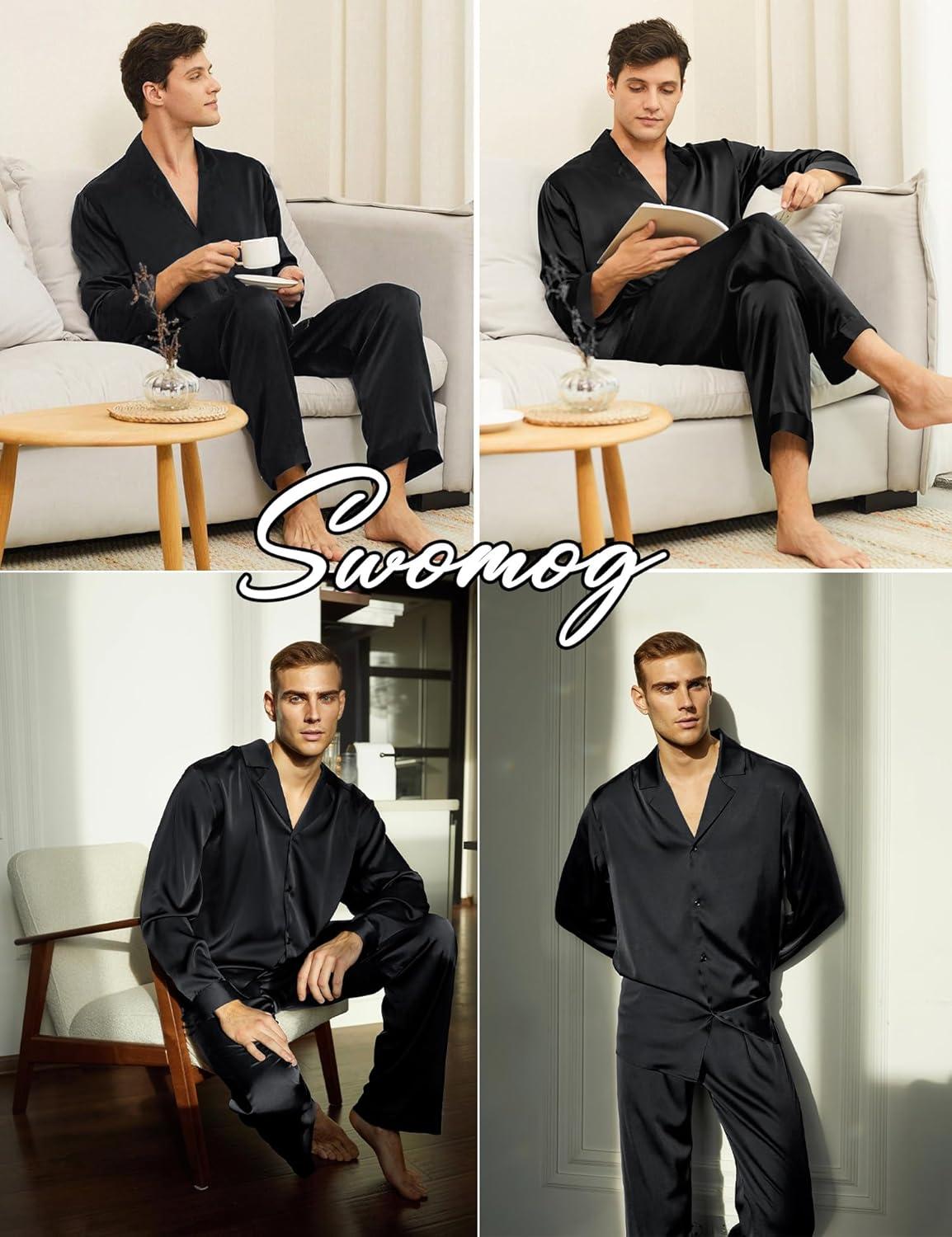imageSWOMOG Family Matching Pajamas Silk Satin Long Sleeve Sleepwear Soft Button Down Loungewear 2 Pcs Pj SetBlack