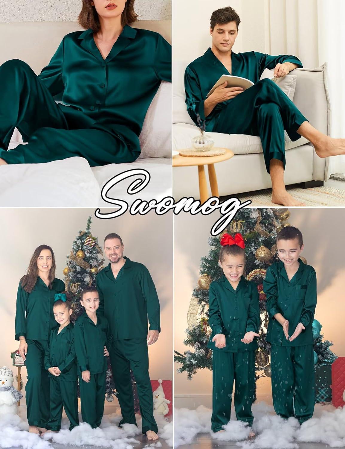 imageSWOMOG Family Matching Pajamas Silk Satin Long Sleeve Sleepwear Soft Button Down Loungewear 2 Pcs Pj SetDark Green