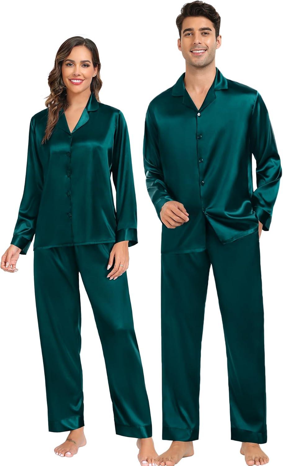 imageSWOMOG Family Matching Pajamas Silk Satin Long Sleeve Sleepwear Soft Button Down Loungewear 2 Pcs Pj SetDark Green