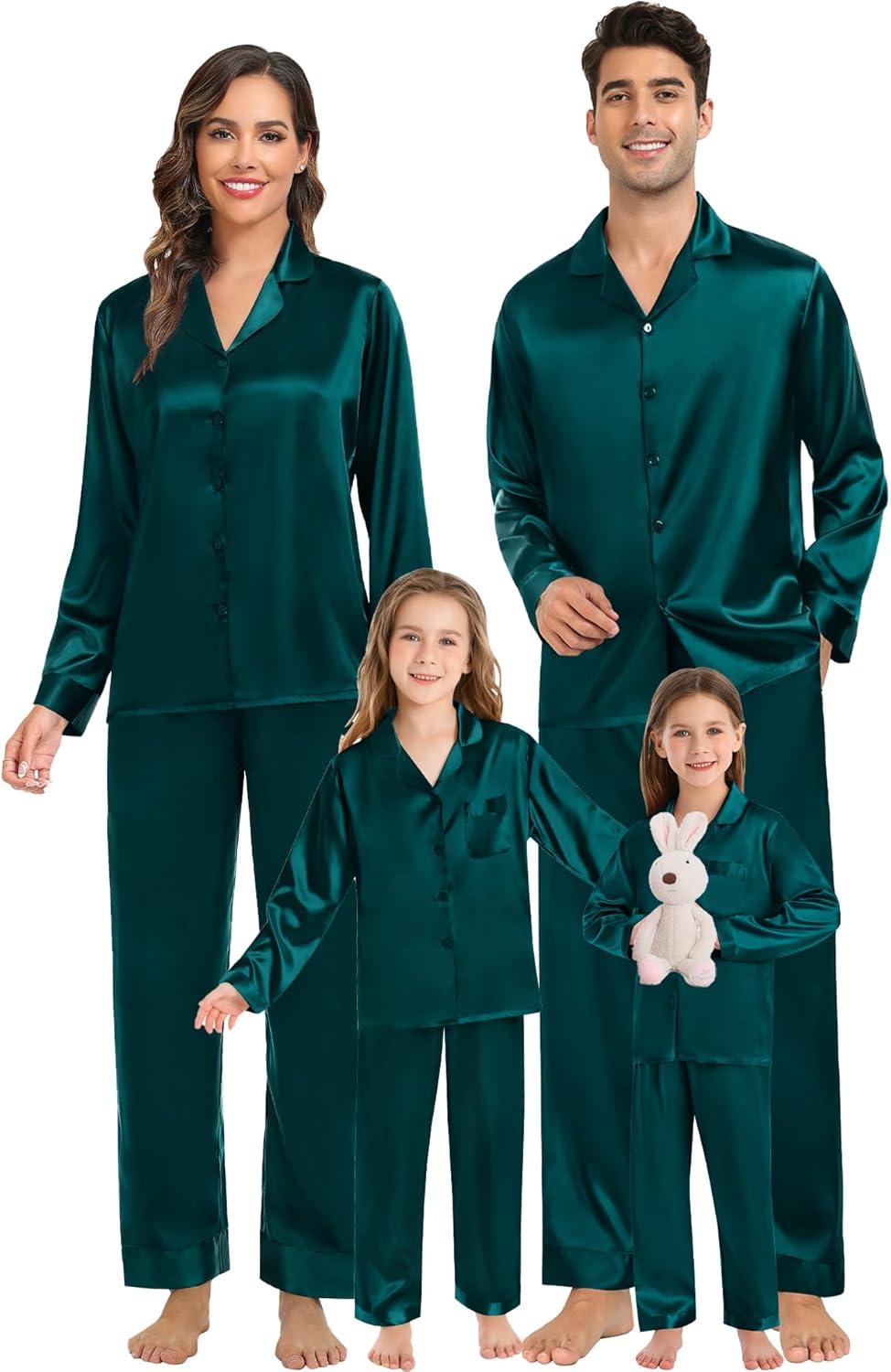 imageSWOMOG Family Matching Pajamas Silk Satin Long Sleeve Sleepwear Soft Button Down Loungewear 2 Pcs Pj SetDark Green