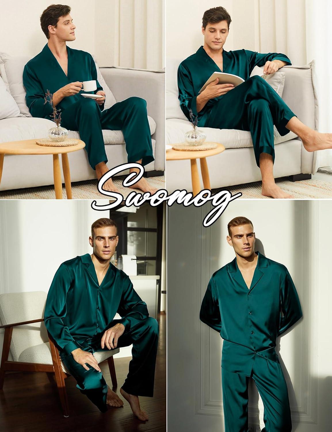 imageSWOMOG Family Matching Pajamas Silk Satin Long Sleeve Sleepwear Soft Button Down Loungewear 2 Pcs Pj SetDark Green