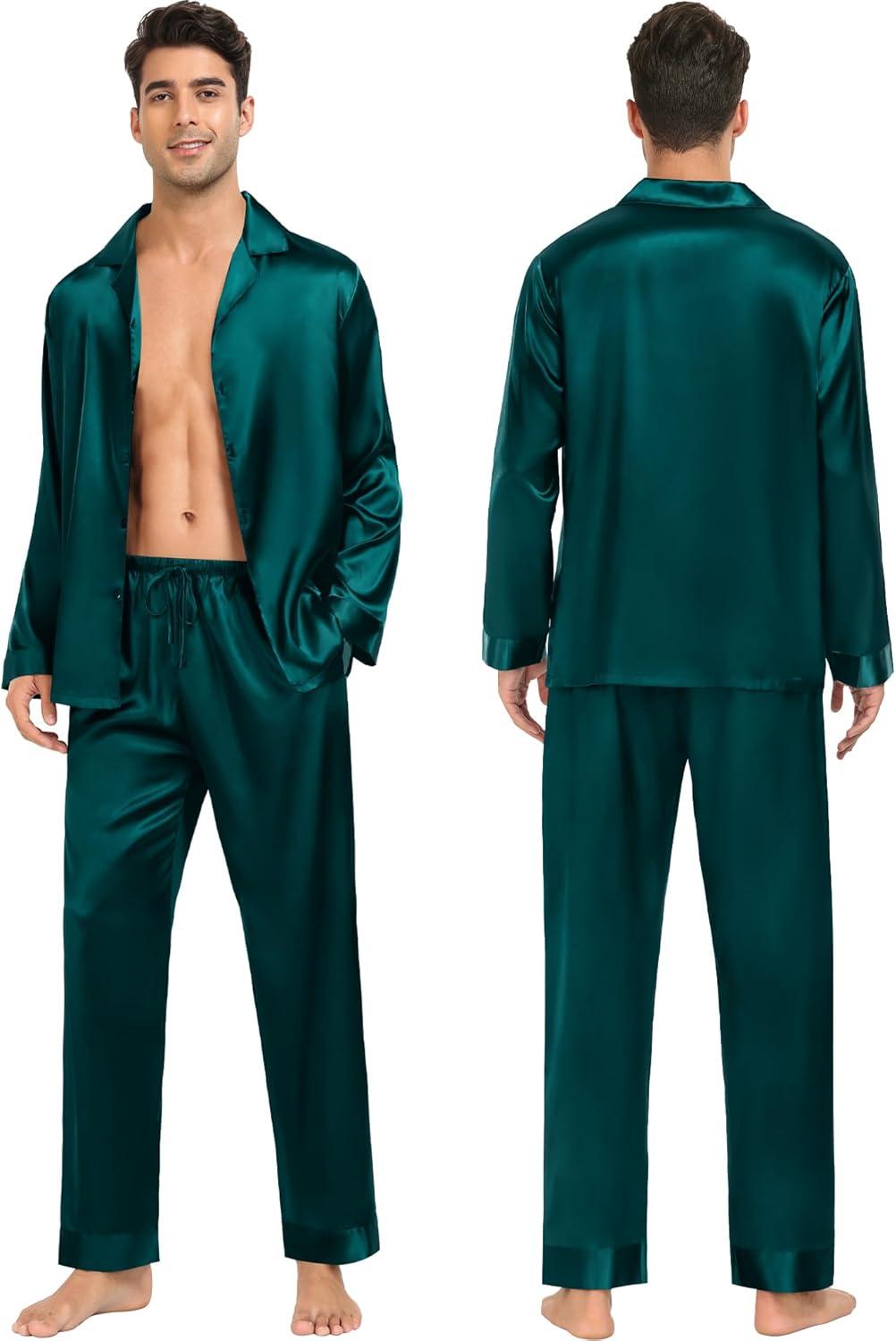 imageSWOMOG Family Matching Pajamas Silk Satin Long Sleeve Sleepwear Soft Button Down Loungewear 2 Pcs Pj SetDark Green