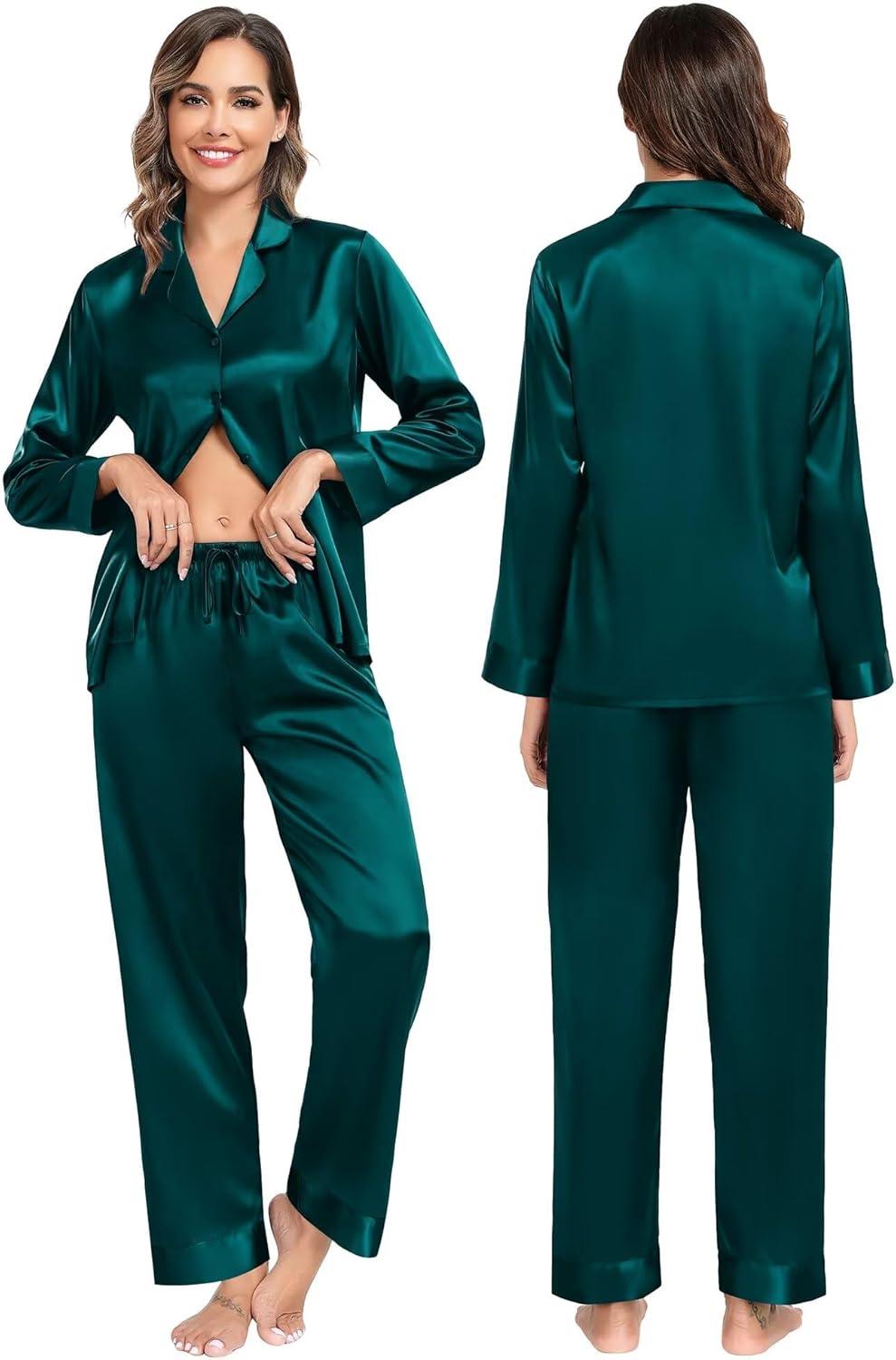 imageSWOMOG Family Matching Pajamas Silk Satin Long Sleeve Sleepwear Soft Button Down Loungewear 2 Pcs Pj SetDark Green