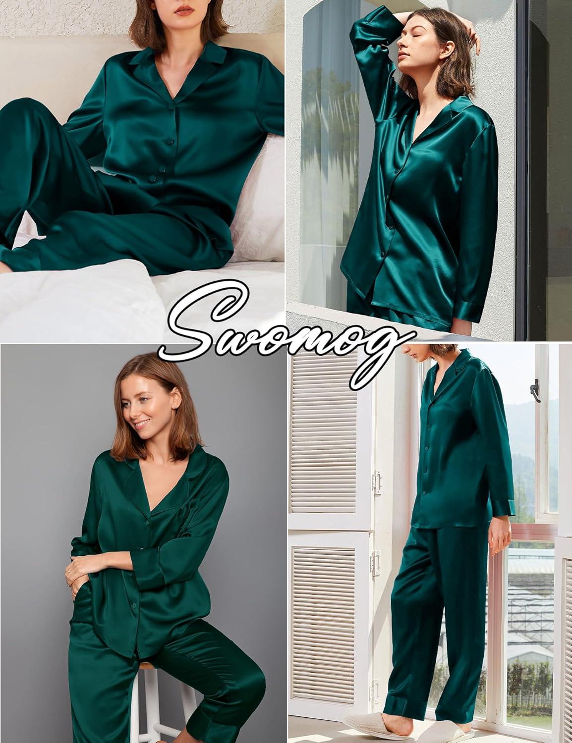 imageSWOMOG Family Matching Pajamas Silk Satin Long Sleeve Sleepwear Soft Button Down Loungewear 2 Pcs Pj SetDark Green
