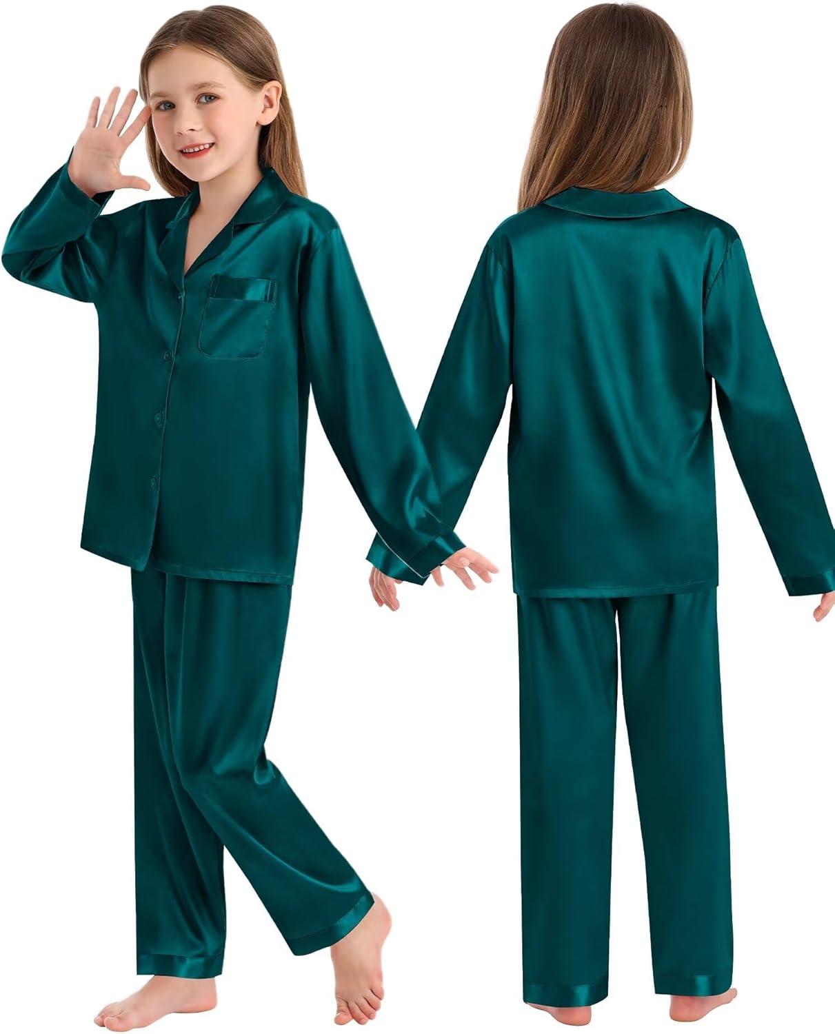 imageSWOMOG Family Matching Pajamas Silk Satin Long Sleeve Sleepwear Soft Button Down Loungewear 2 Pcs Pj SetDark Green