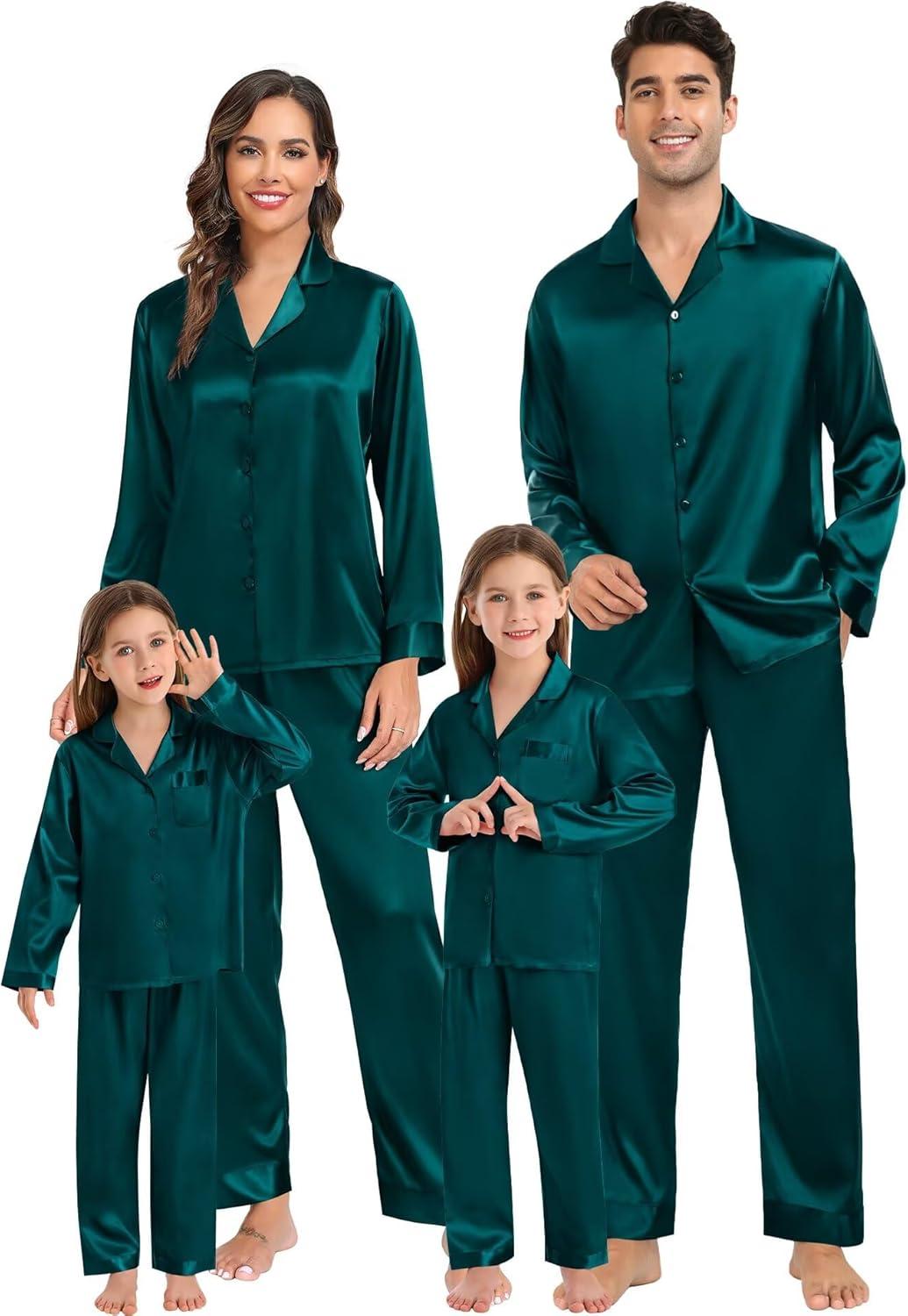 imageSWOMOG Family Matching Pajamas Silk Satin Long Sleeve Sleepwear Soft Button Down Loungewear 2 Pcs Pj SetDark Green