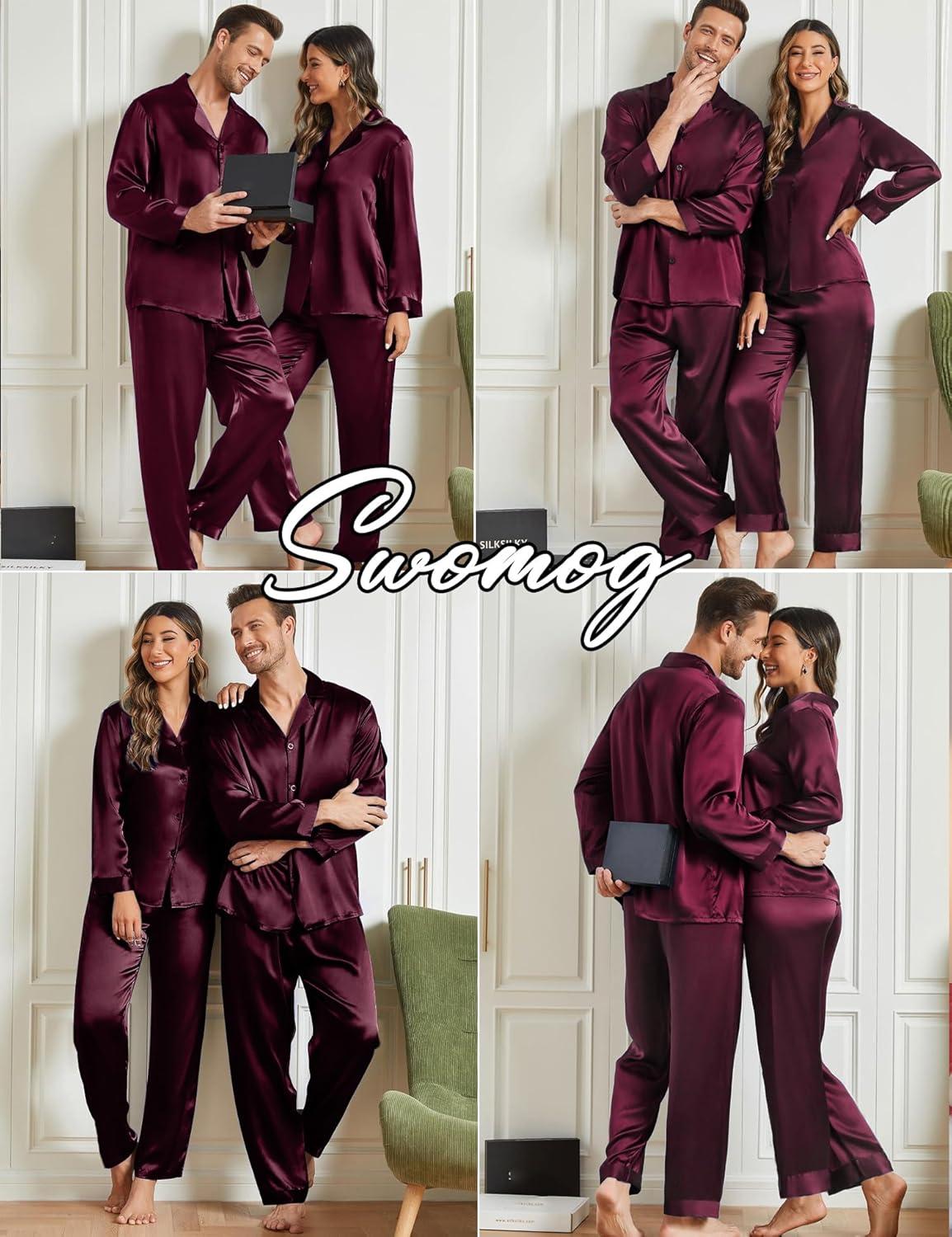 imageSWOMOG Family Matching Pajamas Silk Satin Long Sleeve Sleepwear Soft Button Down Loungewear 2 Pcs Pj SetDark Wine Red