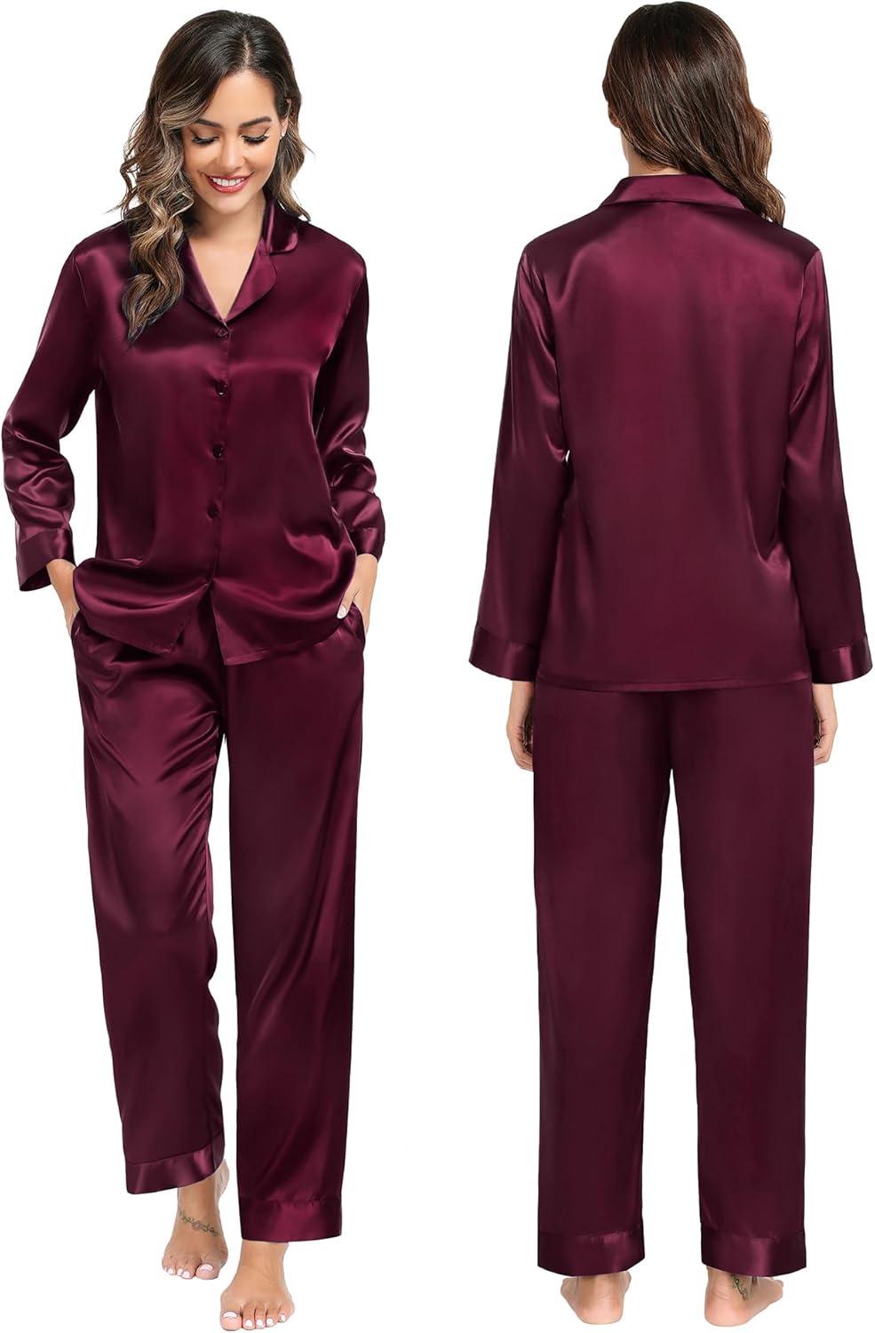 imageSWOMOG Family Matching Pajamas Silk Satin Long Sleeve Sleepwear Soft Button Down Loungewear 2 Pcs Pj SetDark Wine Red