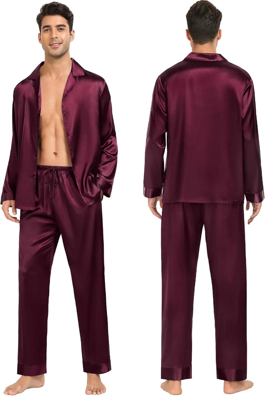 imageSWOMOG Family Matching Pajamas Silk Satin Long Sleeve Sleepwear Soft Button Down Loungewear 2 Pcs Pj SetDark Wine Red
