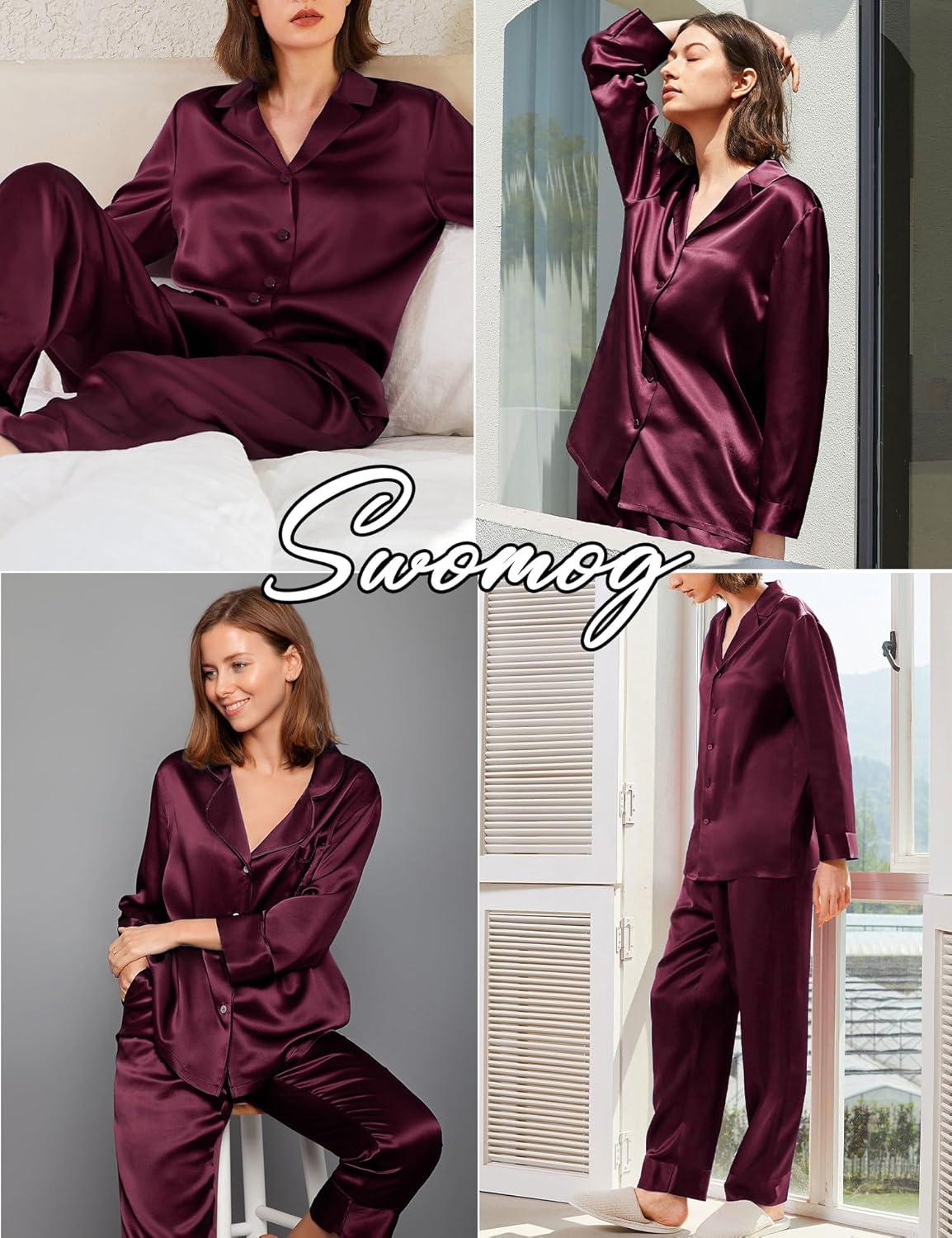 imageSWOMOG Family Matching Pajamas Silk Satin Long Sleeve Sleepwear Soft Button Down Loungewear 2 Pcs Pj SetDark Wine Red