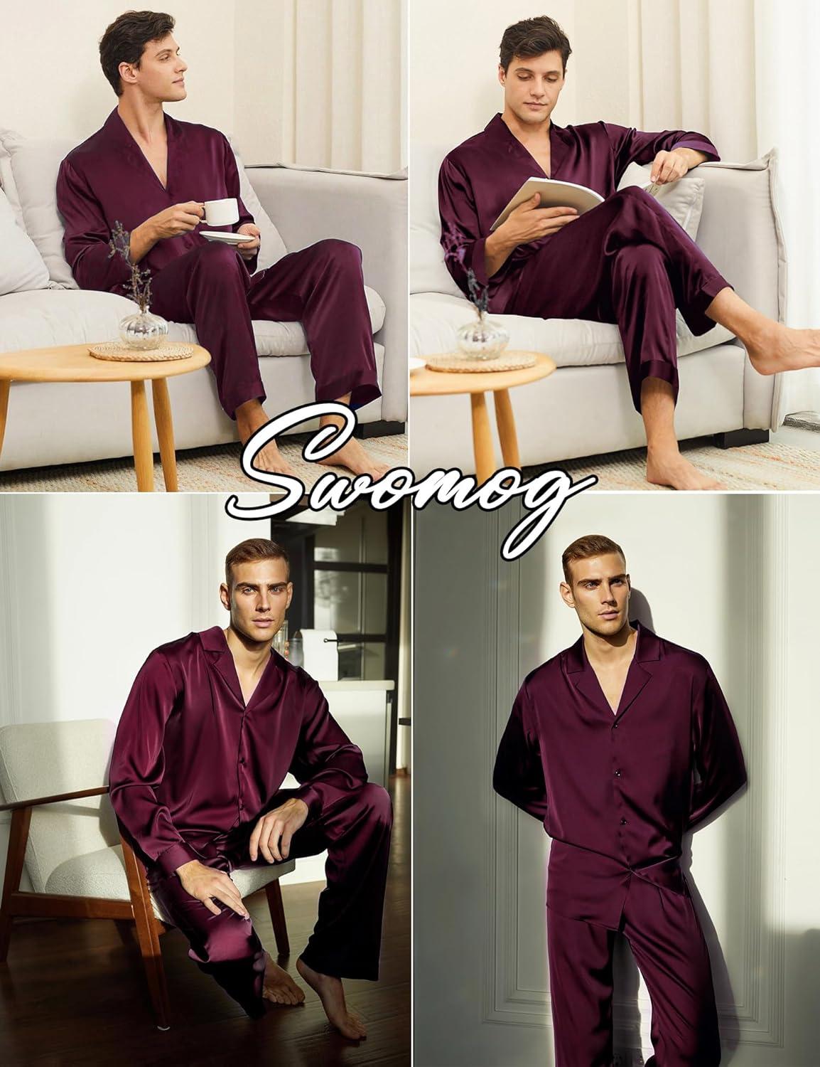 imageSWOMOG Family Matching Pajamas Silk Satin Long Sleeve Sleepwear Soft Button Down Loungewear 2 Pcs Pj SetDark Wine Red