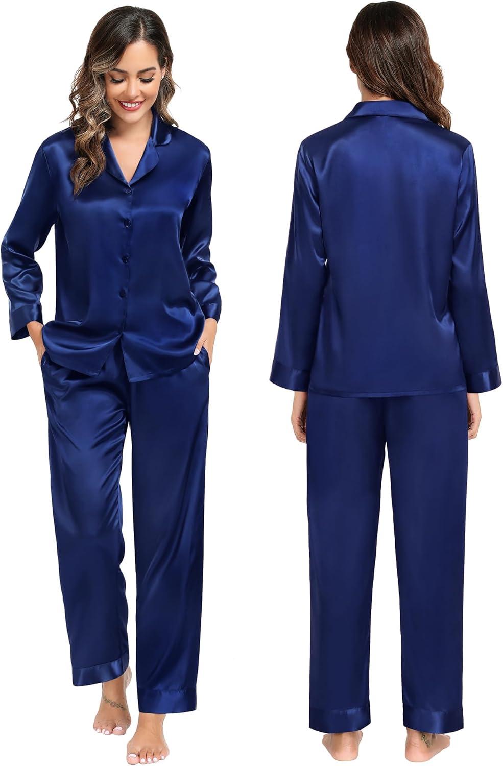 imageSWOMOG Family Matching Pajamas Silk Satin Long Sleeve Sleepwear Soft Button Down Loungewear 2 Pcs Pj SetNavy Blue