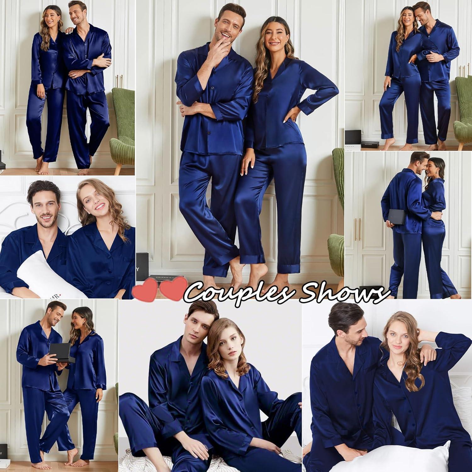 imageSWOMOG Family Matching Pajamas Silk Satin Long Sleeve Sleepwear Soft Button Down Loungewear 2 Pcs Pj SetNavy Blue