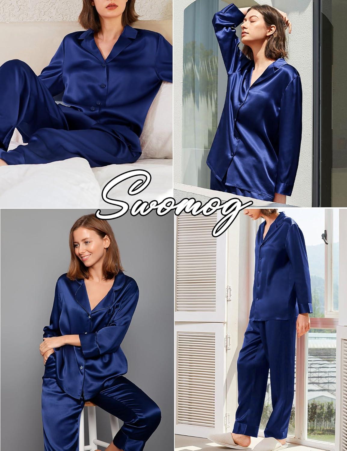 imageSWOMOG Family Matching Pajamas Silk Satin Long Sleeve Sleepwear Soft Button Down Loungewear 2 Pcs Pj SetNavy Blue