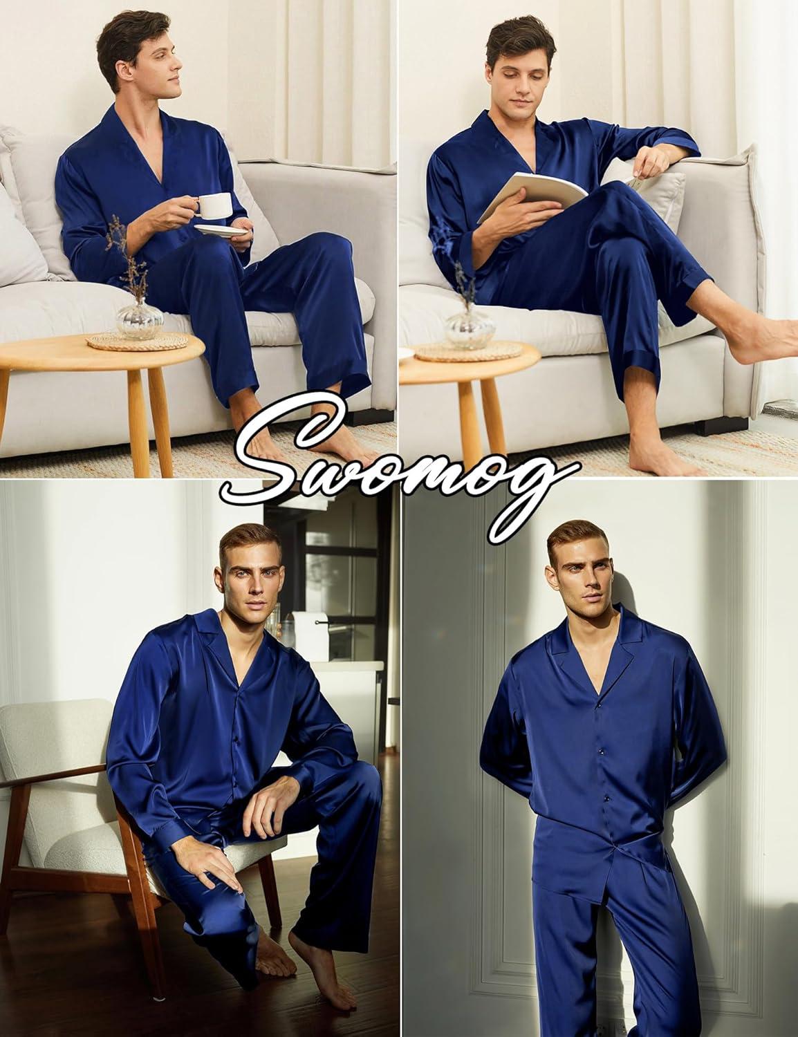 imageSWOMOG Family Matching Pajamas Silk Satin Long Sleeve Sleepwear Soft Button Down Loungewear 2 Pcs Pj SetNavy Blue