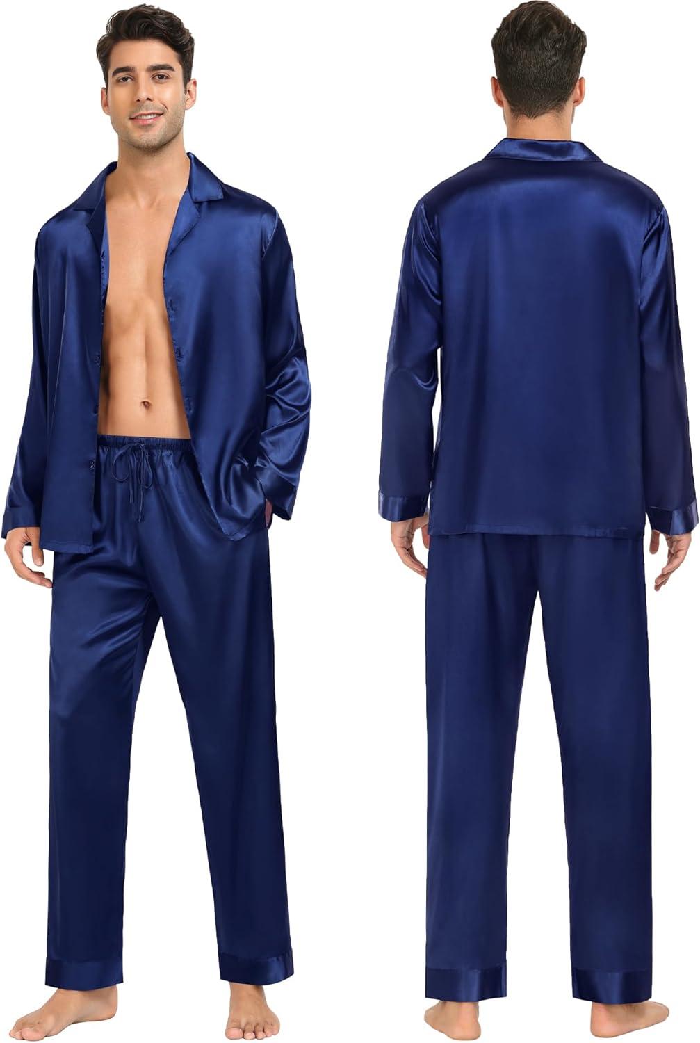 imageSWOMOG Family Matching Pajamas Silk Satin Long Sleeve Sleepwear Soft Button Down Loungewear 2 Pcs Pj SetNavy Blue
