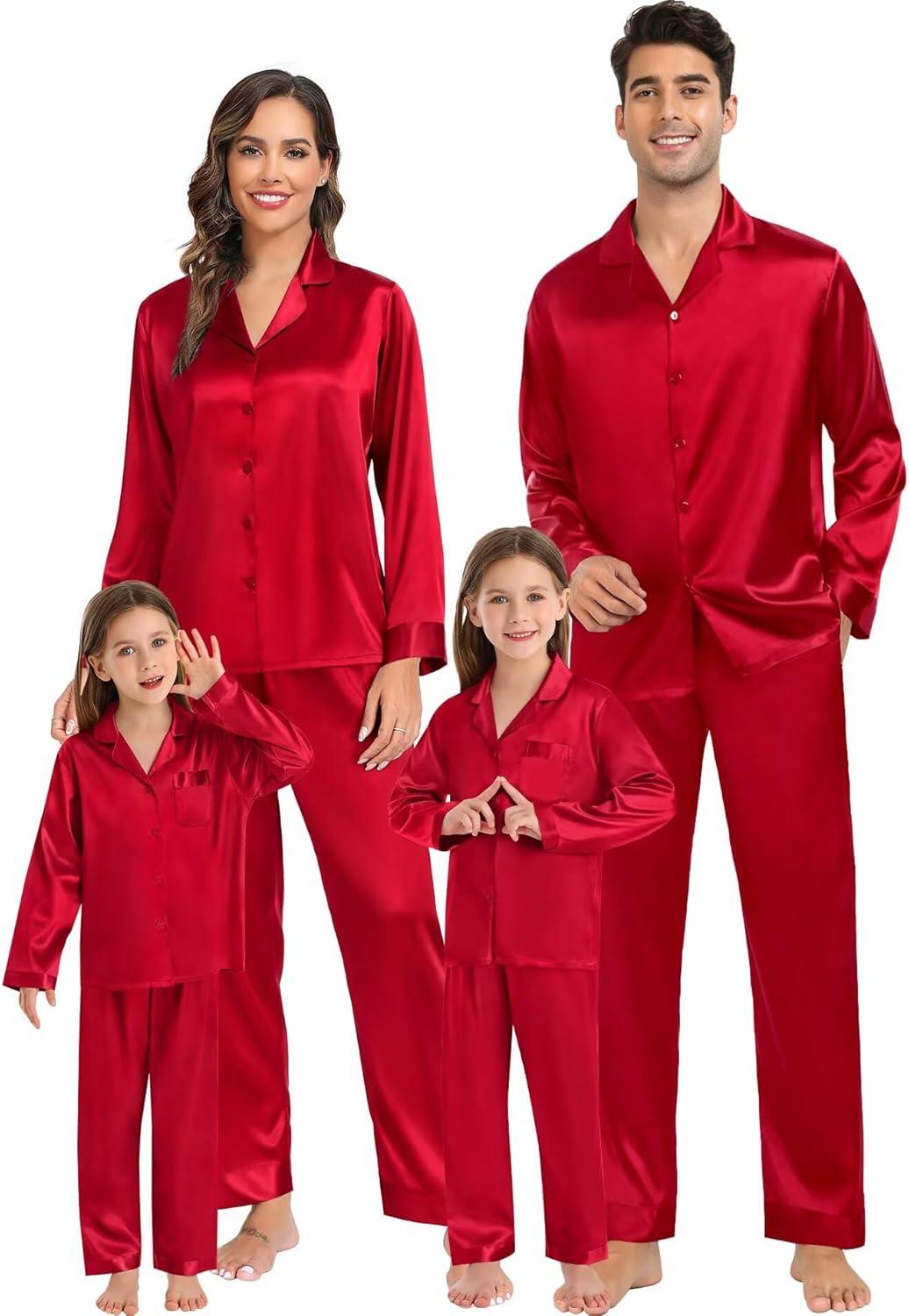 imageSWOMOG Family Matching Pajamas Silk Satin Long Sleeve Sleepwear Soft Button Down Loungewear 2 Pcs Pj SetRed