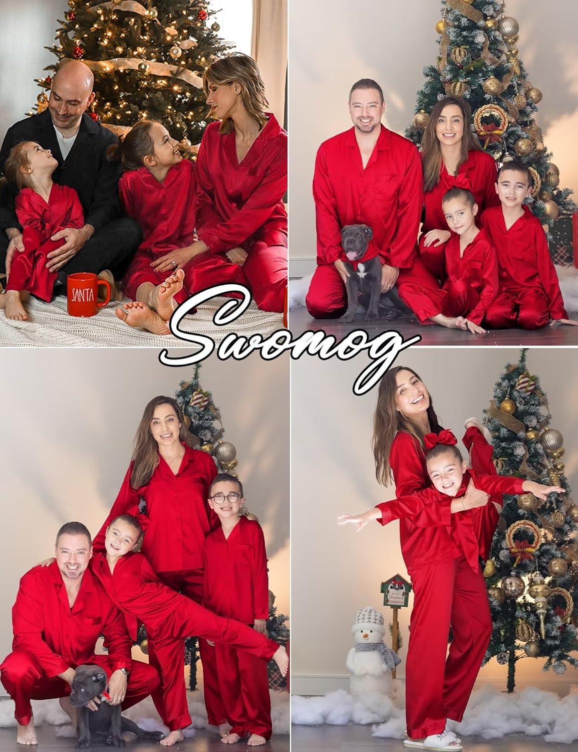 imageSWOMOG Family Matching Pajamas Silk Satin Long Sleeve Sleepwear Soft Button Down Loungewear 2 Pcs Pj SetRed