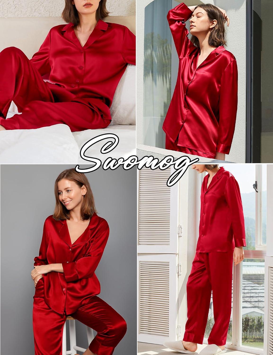 imageSWOMOG Family Matching Pajamas Silk Satin Long Sleeve Sleepwear Soft Button Down Loungewear 2 Pcs Pj SetRed