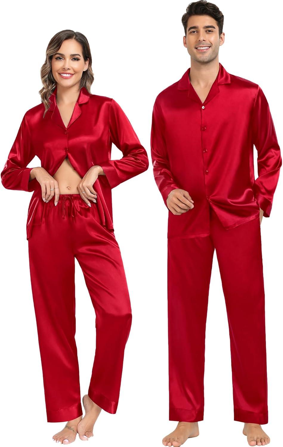 imageSWOMOG Family Matching Pajamas Silk Satin Long Sleeve Sleepwear Soft Button Down Loungewear 2 Pcs Pj SetRed