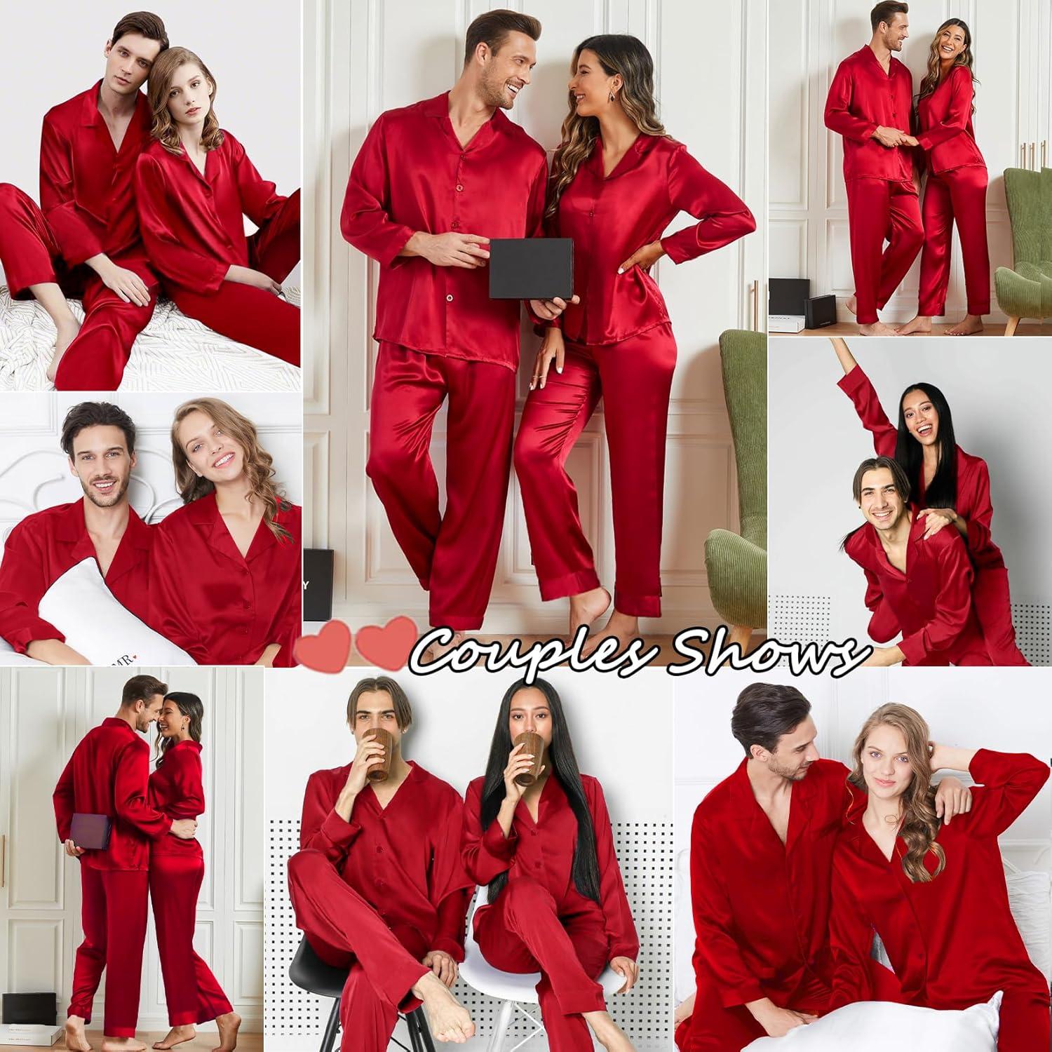 imageSWOMOG Family Matching Pajamas Silk Satin Long Sleeve Sleepwear Soft Button Down Loungewear 2 Pcs Pj SetRed