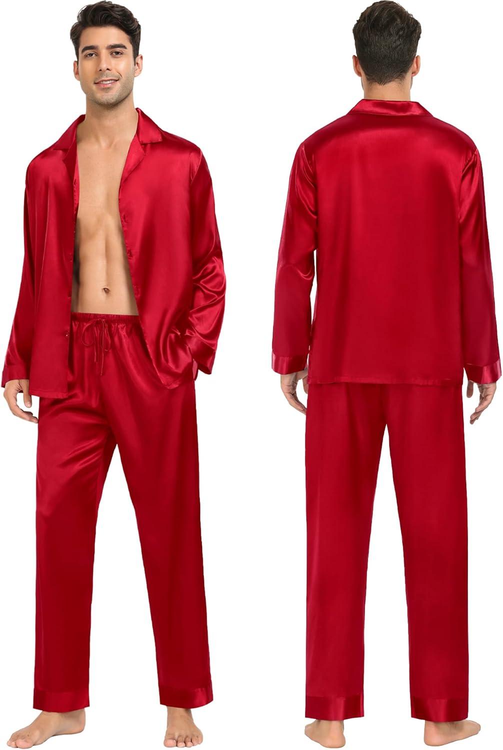 imageSWOMOG Family Matching Pajamas Silk Satin Long Sleeve Sleepwear Soft Button Down Loungewear 2 Pcs Pj SetRed