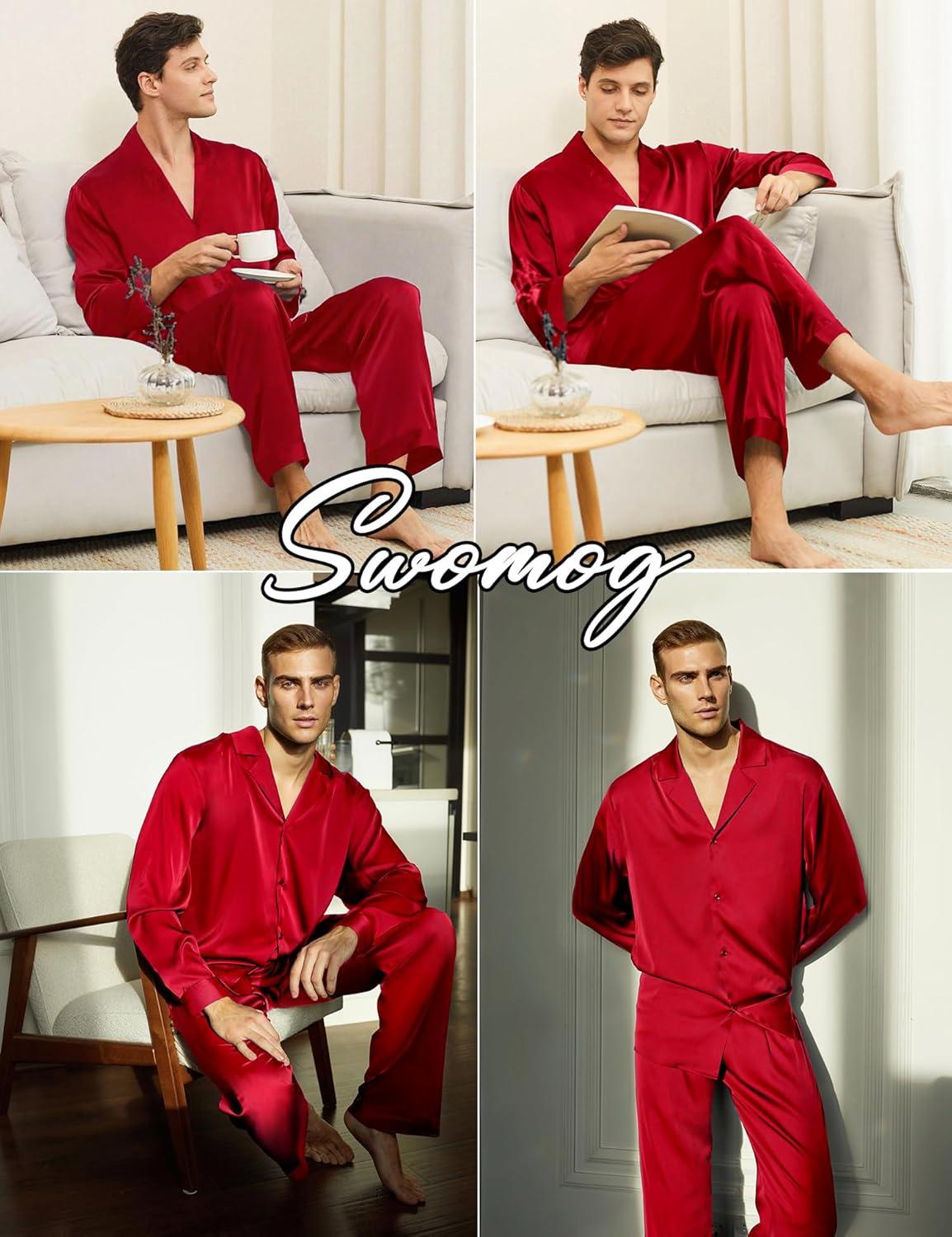 imageSWOMOG Family Matching Pajamas Silk Satin Long Sleeve Sleepwear Soft Button Down Loungewear 2 Pcs Pj SetRed