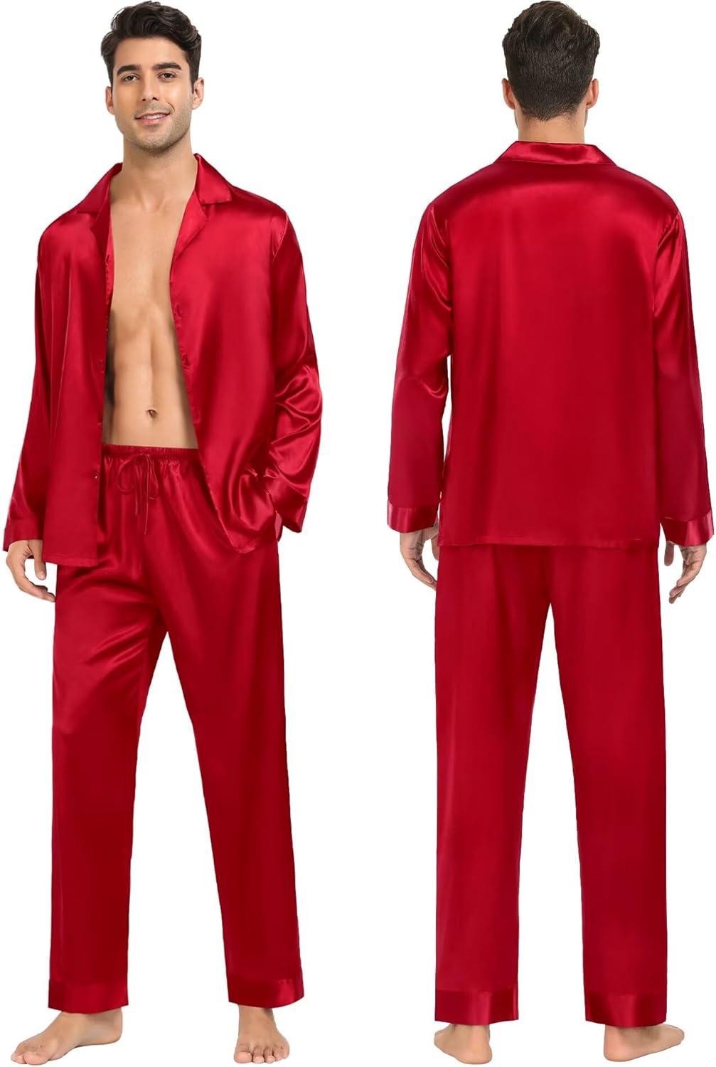 imageSWOMOG Family Matching Pajamas Silk Satin Long Sleeve Sleepwear Soft Button Down Loungewear 2 Pcs Pj SetRed