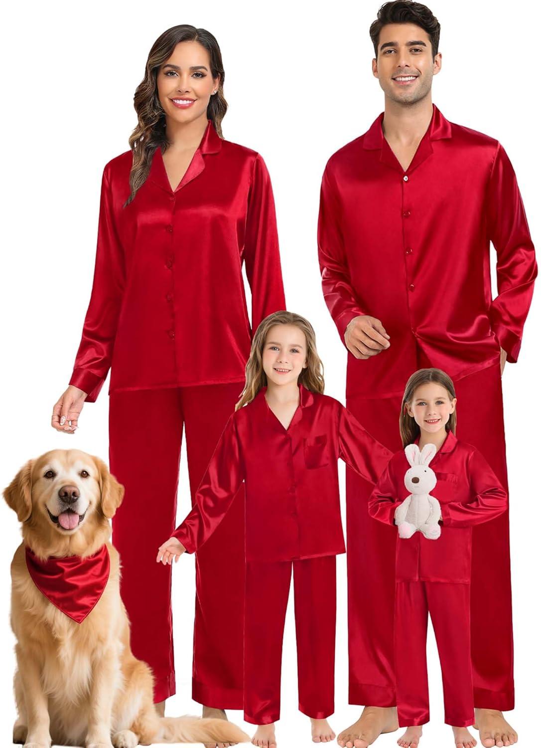 imageSWOMOG Family Matching Pajamas Silk Satin Long Sleeve Sleepwear Soft Button Down Loungewear 2 Pcs Pj SetRed