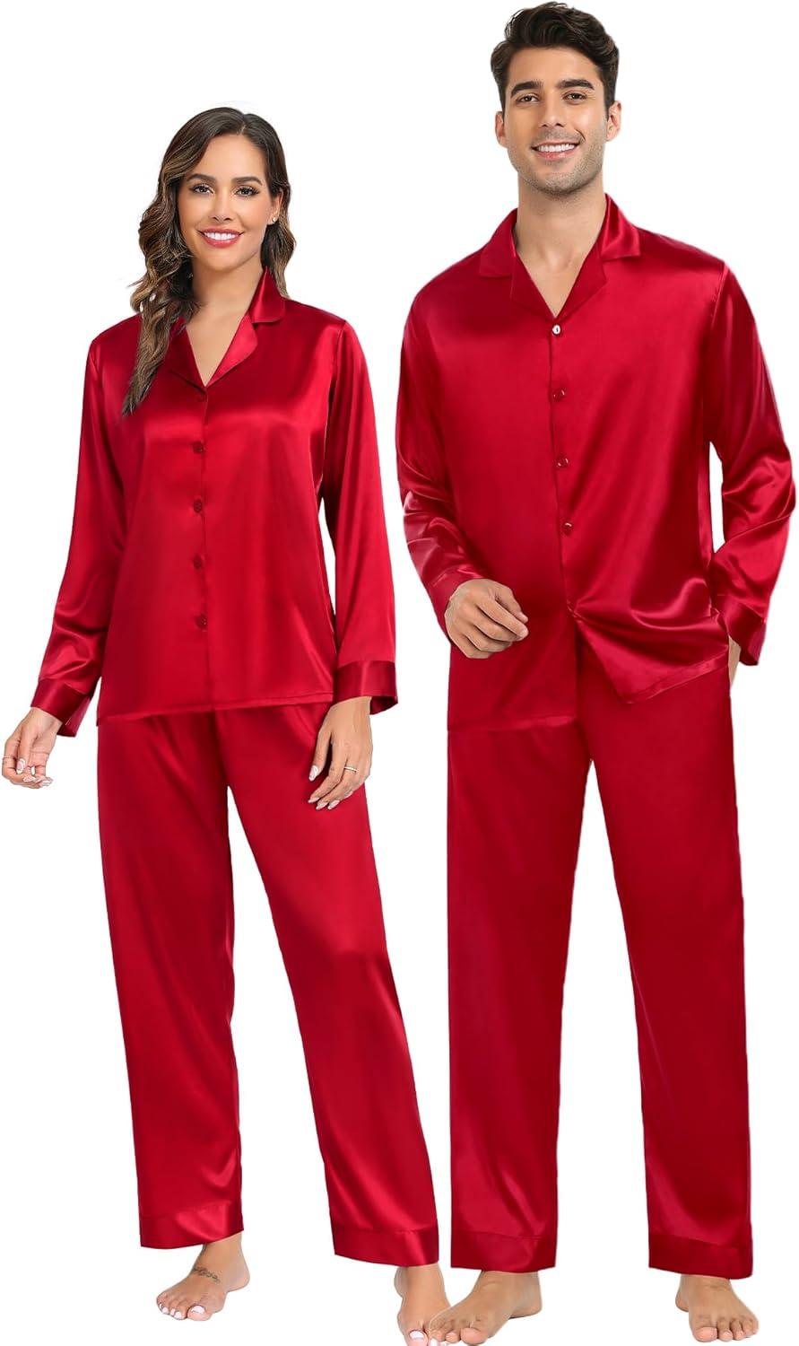 imageSWOMOG Family Matching Pajamas Silk Satin Long Sleeve Sleepwear Soft Button Down Loungewear 2 Pcs Pj SetRed