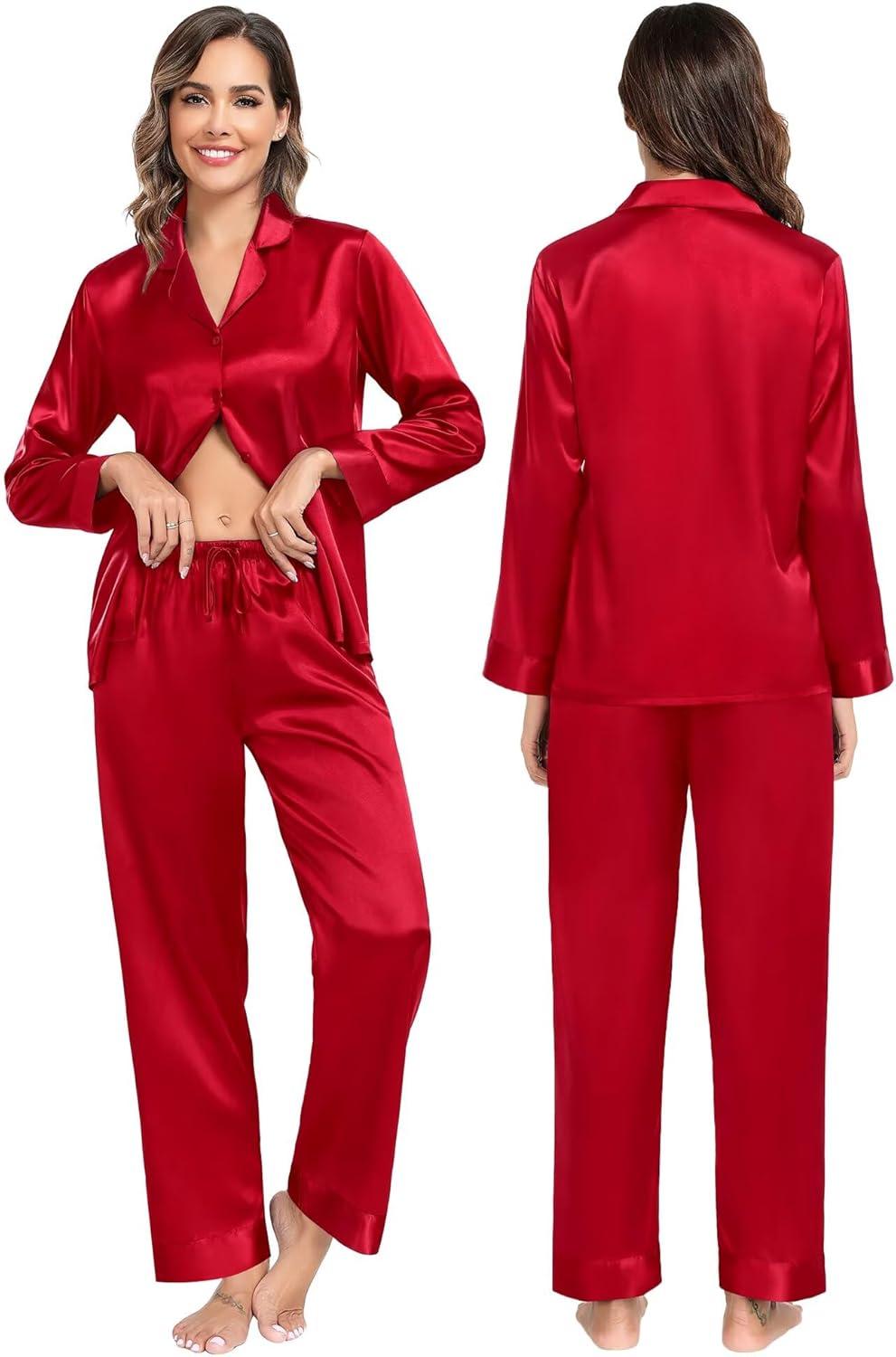 imageSWOMOG Family Matching Pajamas Silk Satin Long Sleeve Sleepwear Soft Button Down Loungewear 2 Pcs Pj SetRed