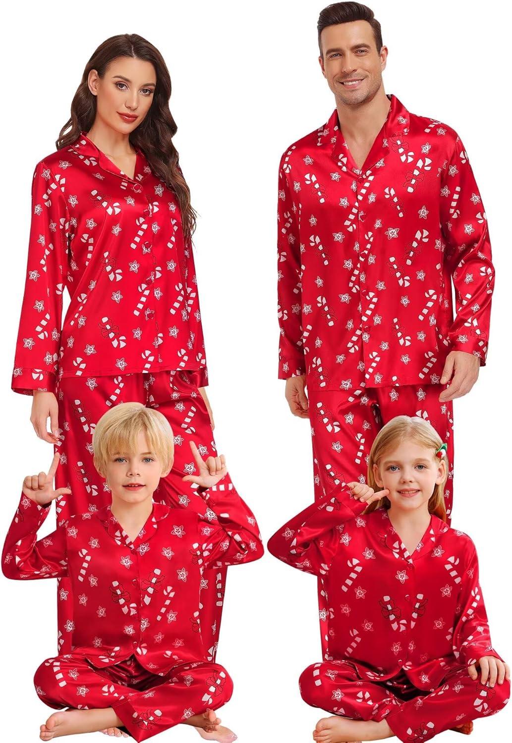 imageSWOMOG Family Matching Pajamas Silk Satin Long Sleeve Sleepwear Soft Button Down Loungewear 2 Pcs Pj SetRed Candy Cane