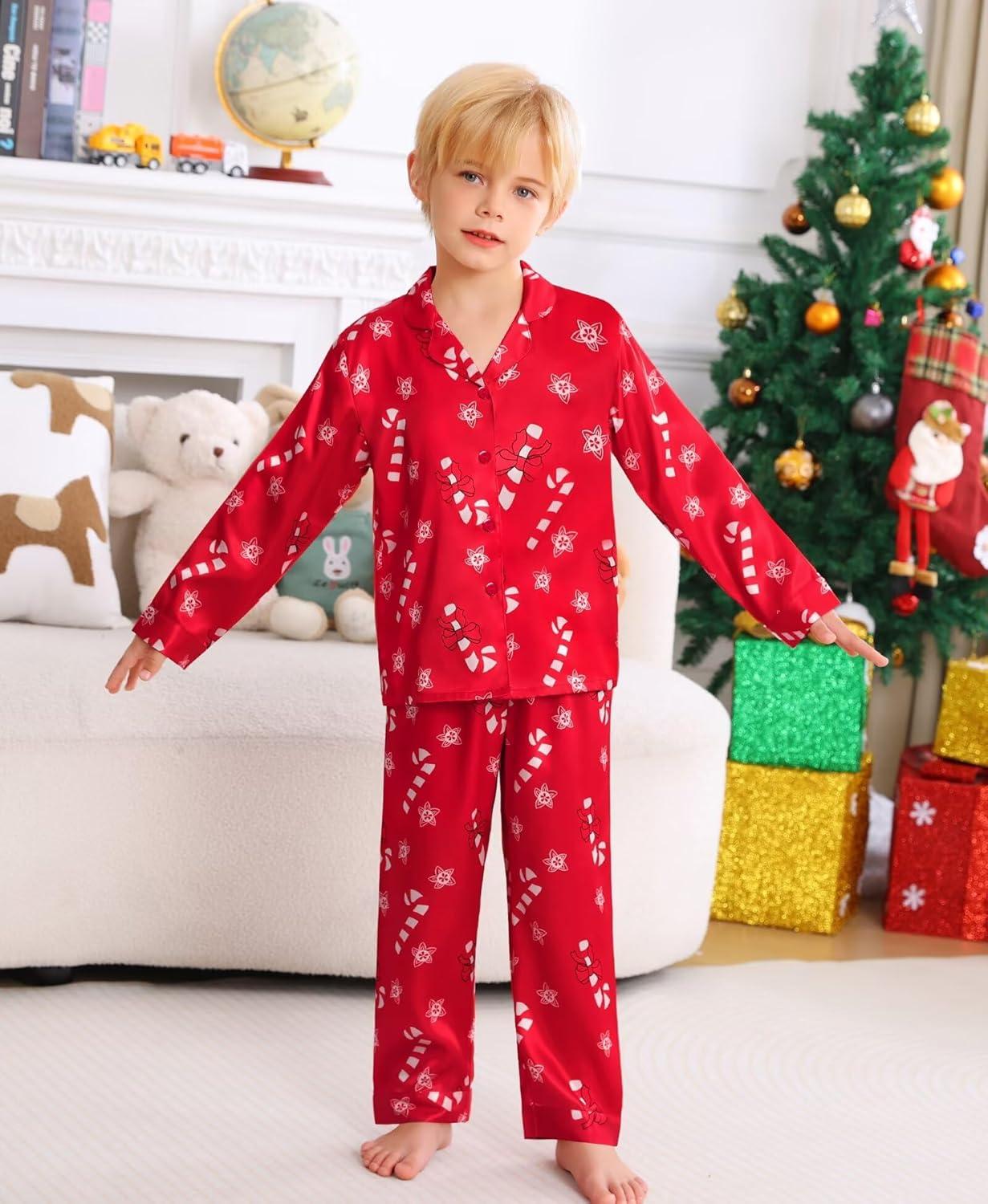 imageSWOMOG Family Matching Pajamas Silk Satin Long Sleeve Sleepwear Soft Button Down Loungewear 2 Pcs Pj SetRed Candy Cane