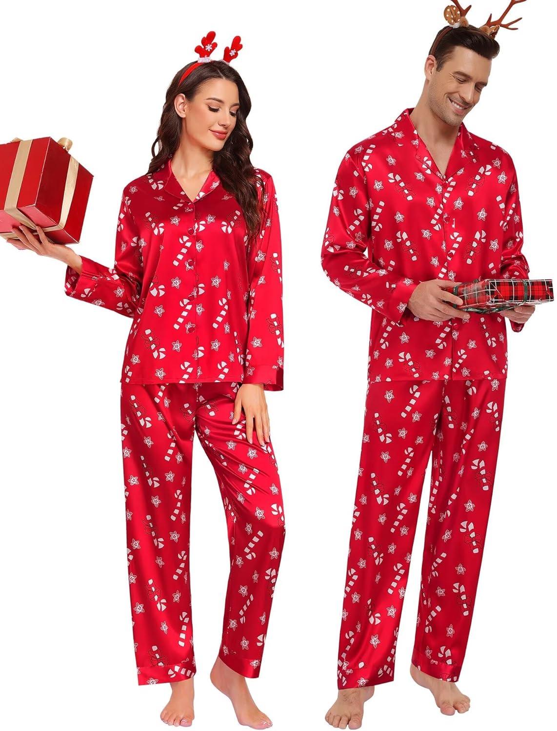 imageSWOMOG Family Matching Pajamas Silk Satin Long Sleeve Sleepwear Soft Button Down Loungewear 2 Pcs Pj SetRed Candy Cane