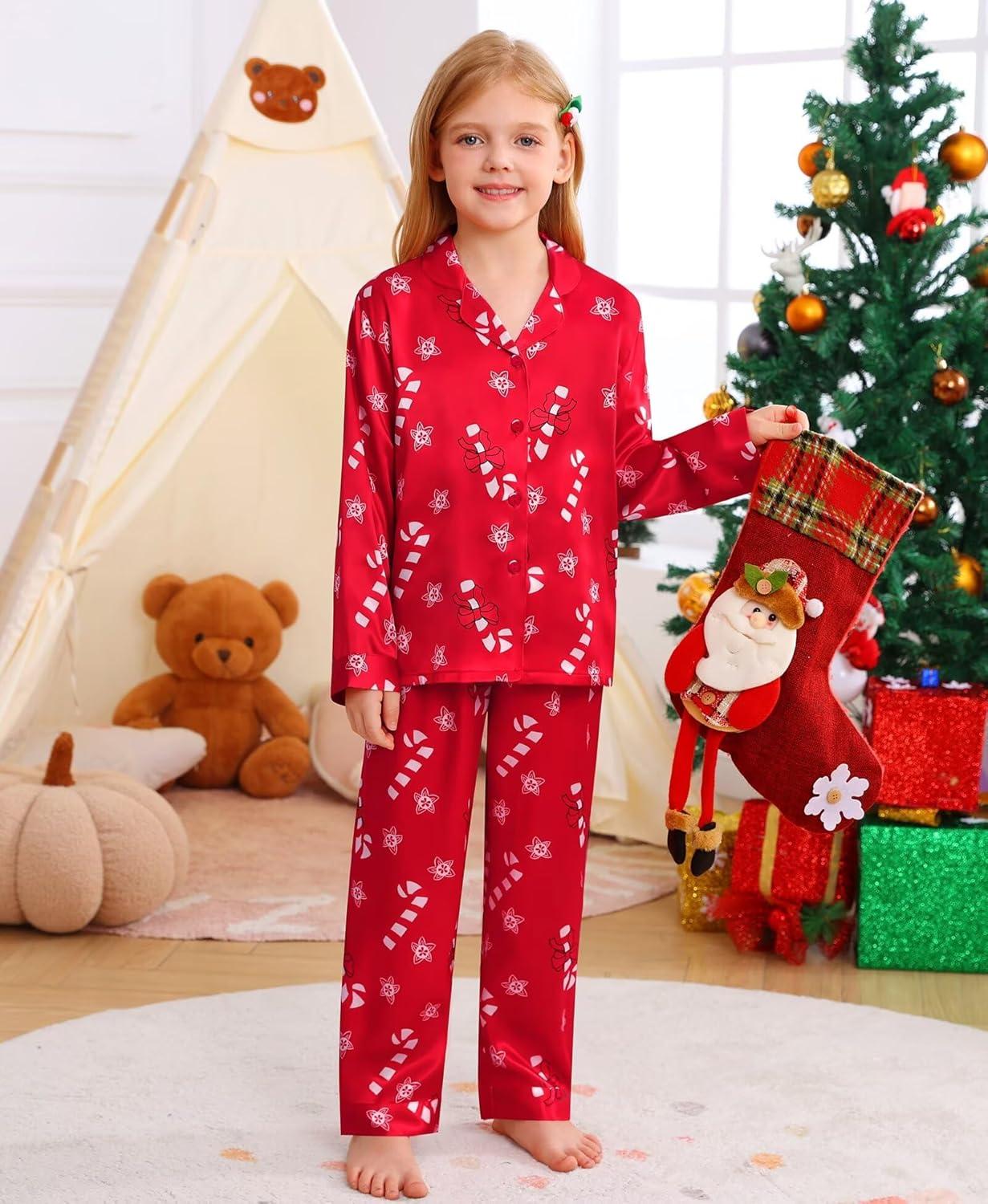 imageSWOMOG Family Matching Pajamas Silk Satin Long Sleeve Sleepwear Soft Button Down Loungewear 2 Pcs Pj SetRed Candy Cane