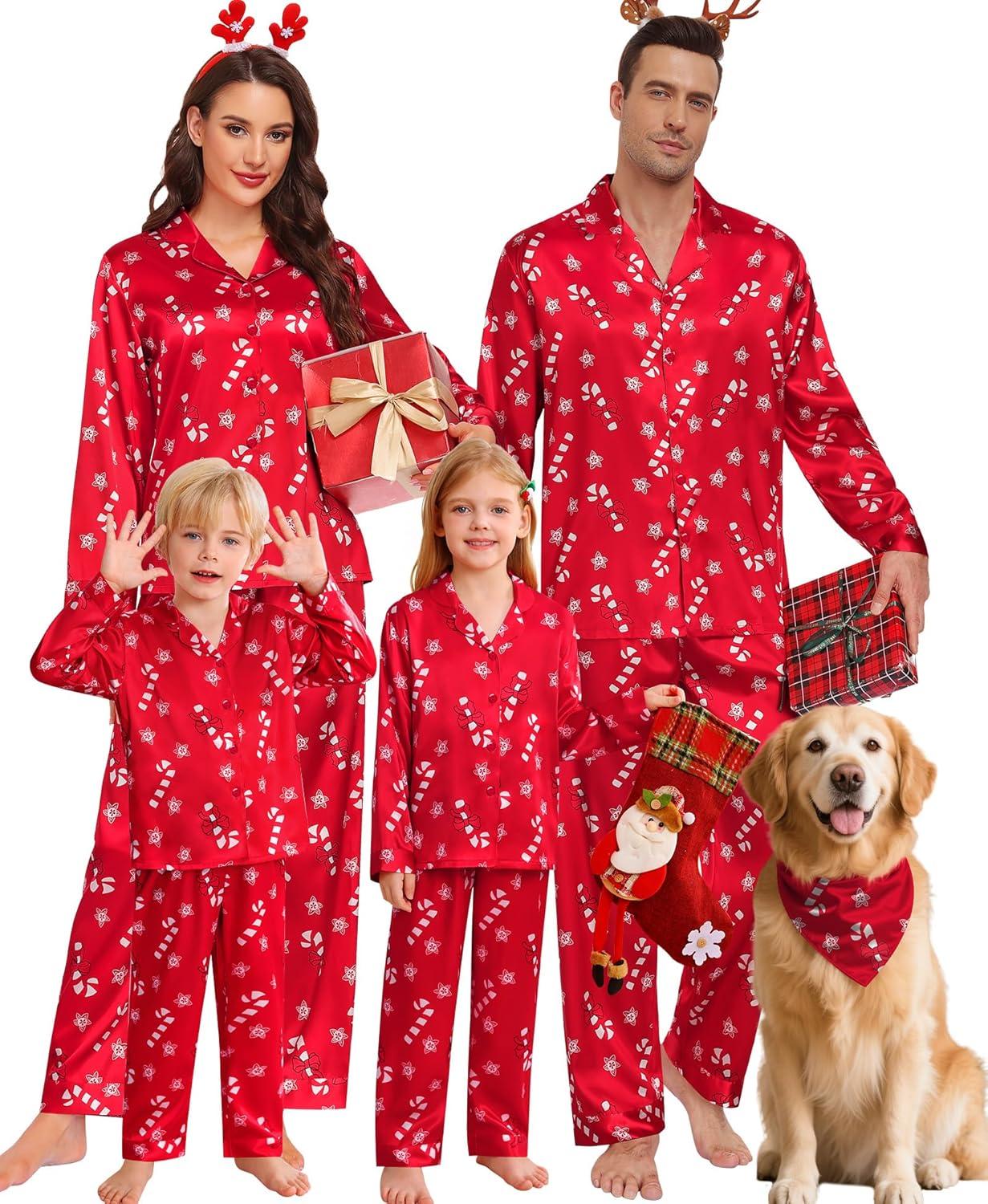 imageSWOMOG Family Matching Pajamas Silk Satin Long Sleeve Sleepwear Soft Button Down Loungewear 2 Pcs Pj SetRed Candy Cane