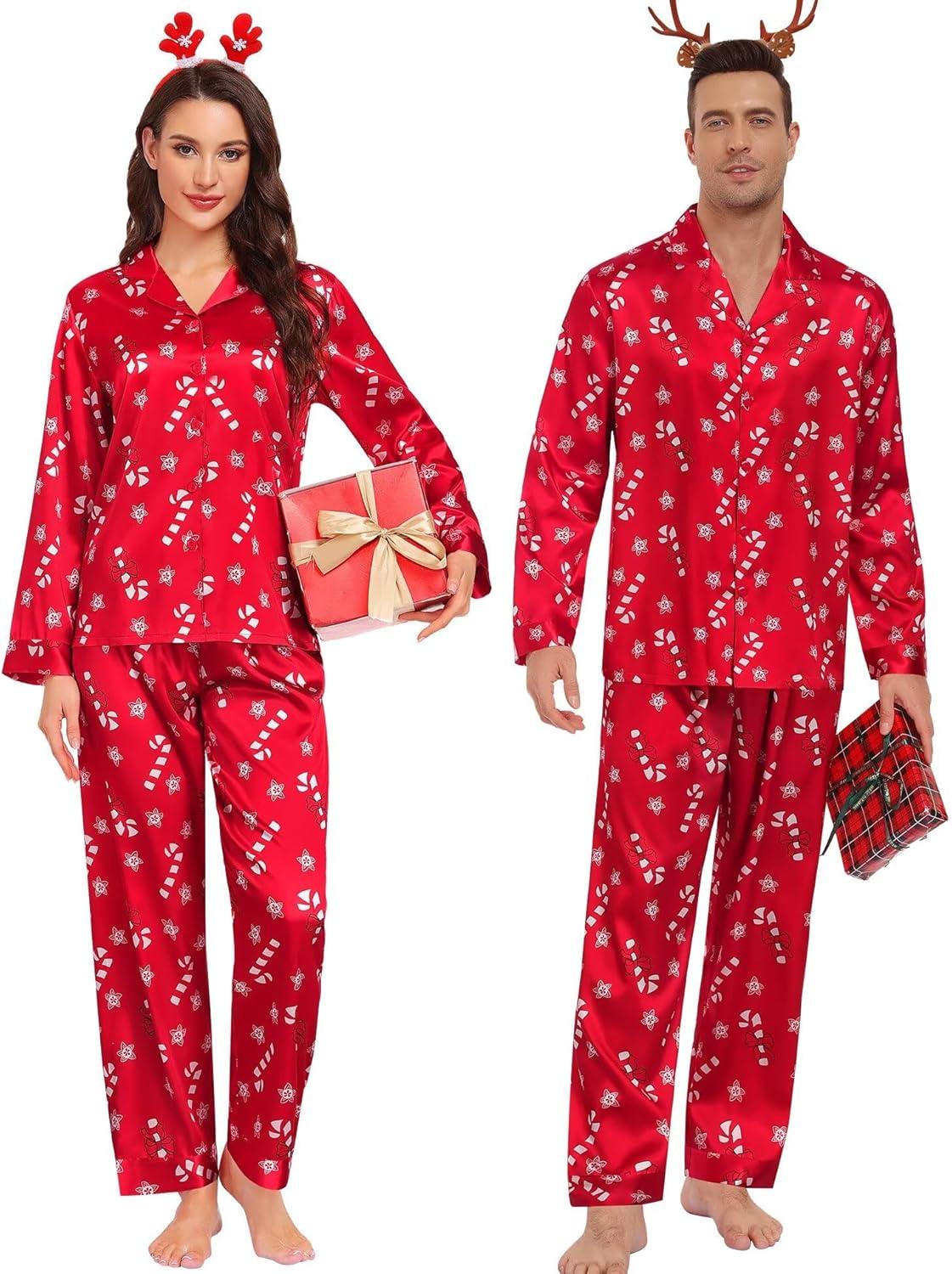 imageSWOMOG Family Matching Pajamas Silk Satin Long Sleeve Sleepwear Soft Button Down Loungewear 2 Pcs Pj SetRed Candy Cane