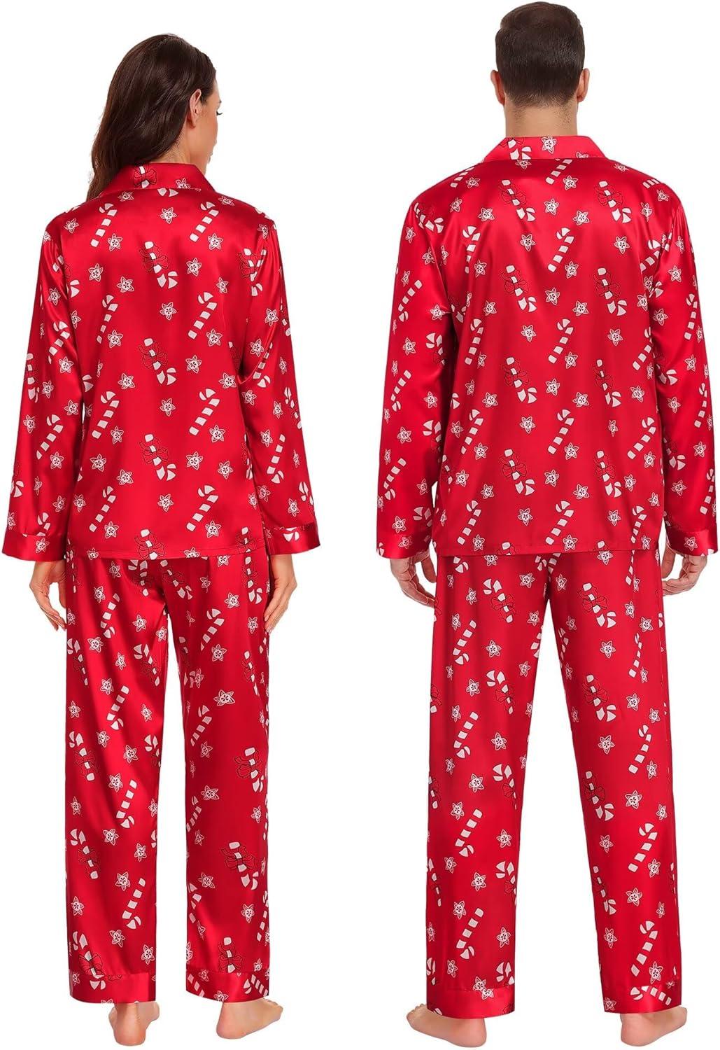 imageSWOMOG Family Matching Pajamas Silk Satin Long Sleeve Sleepwear Soft Button Down Loungewear 2 Pcs Pj SetRed Candy Cane