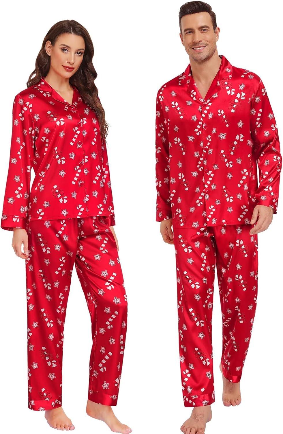 imageSWOMOG Family Matching Pajamas Silk Satin Long Sleeve Sleepwear Soft Button Down Loungewear 2 Pcs Pj SetRed Candy Cane
