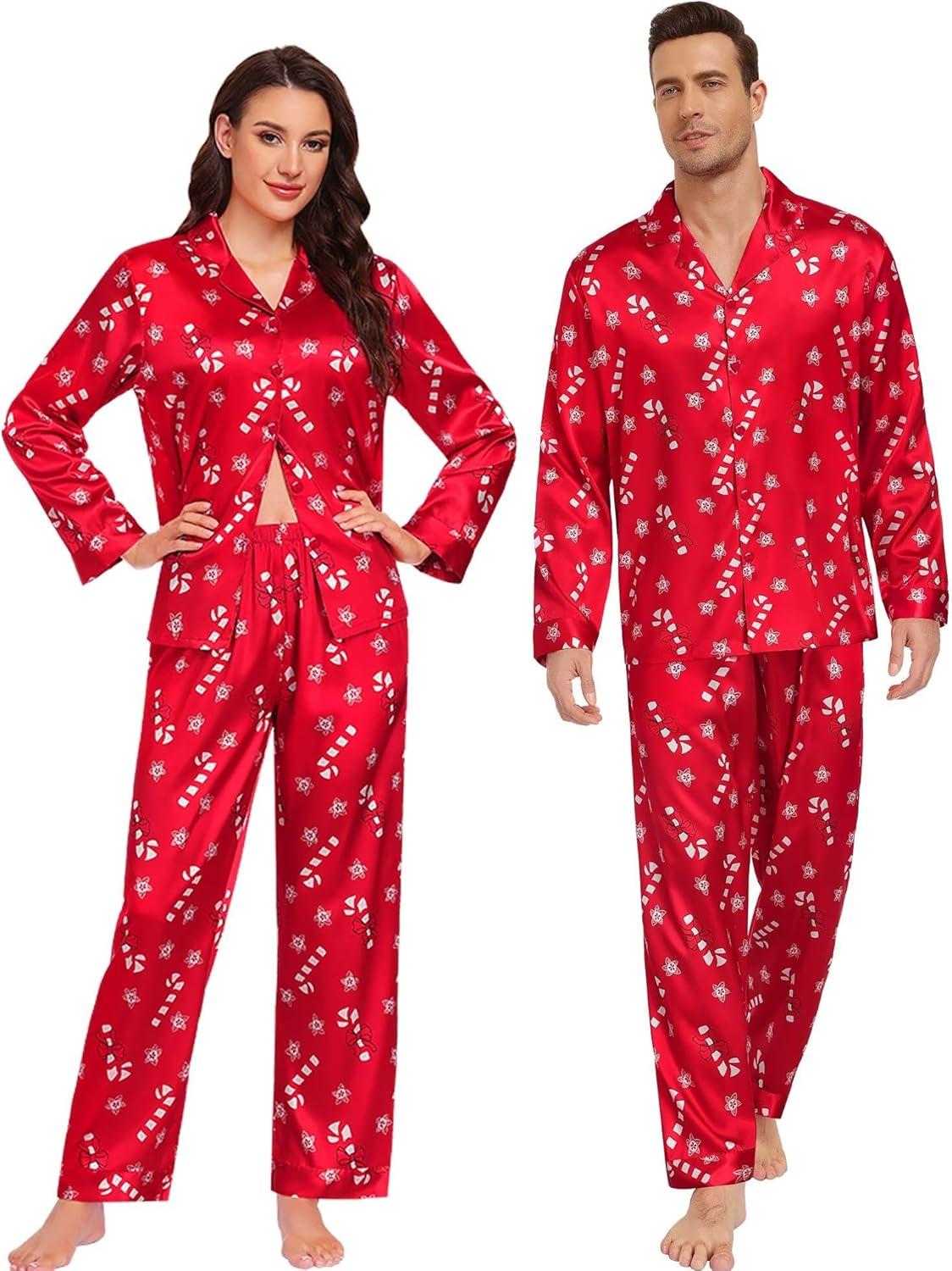 imageSWOMOG Family Matching Pajamas Silk Satin Long Sleeve Sleepwear Soft Button Down Loungewear 2 Pcs Pj SetRed Candy Cane
