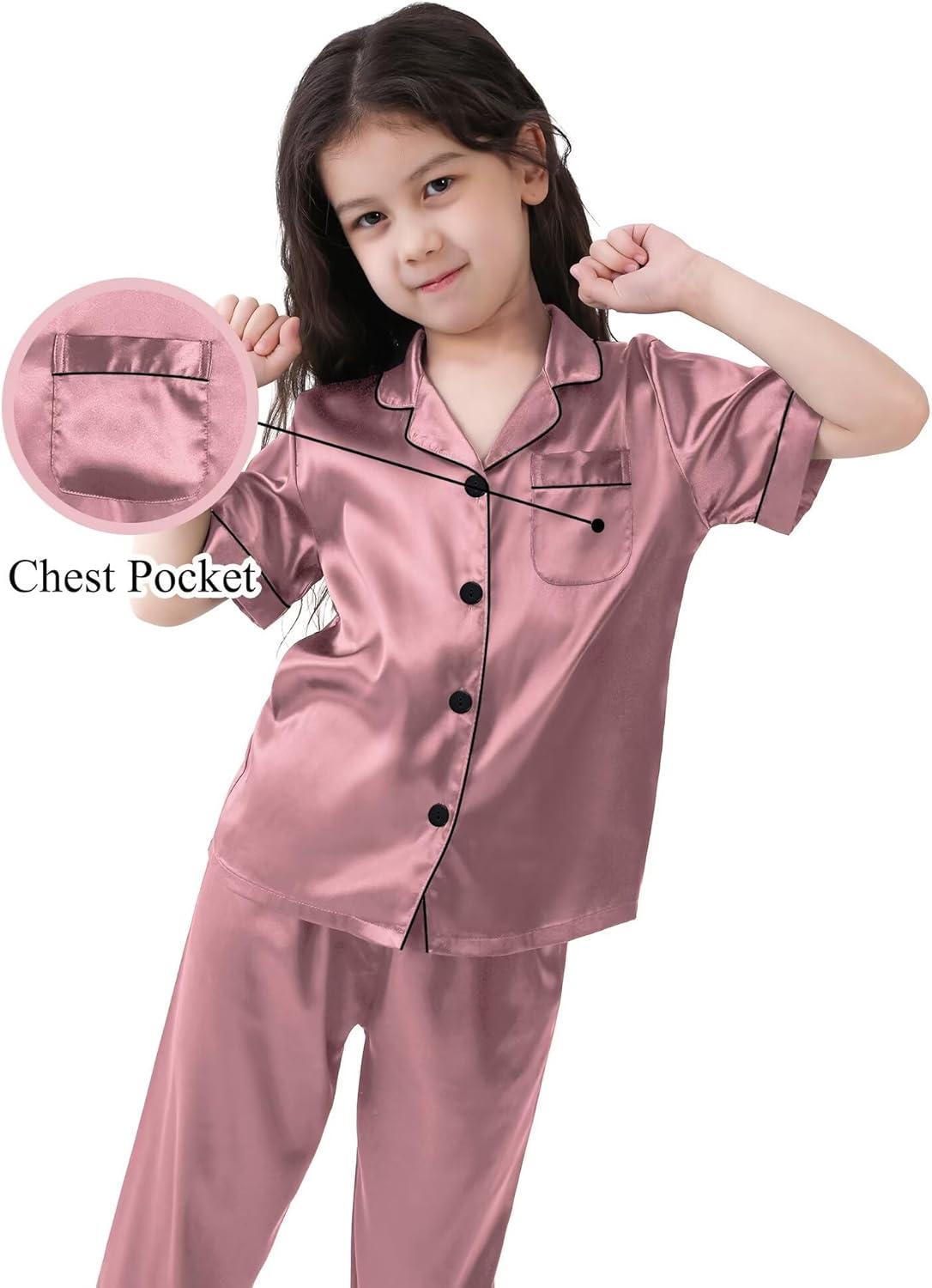 imageSWOMOG Girls Boys Silk Satin Pajamas Set ButtonDown TwoPiece PJs Lounge Sets with Long PantsPantsmisty Rose