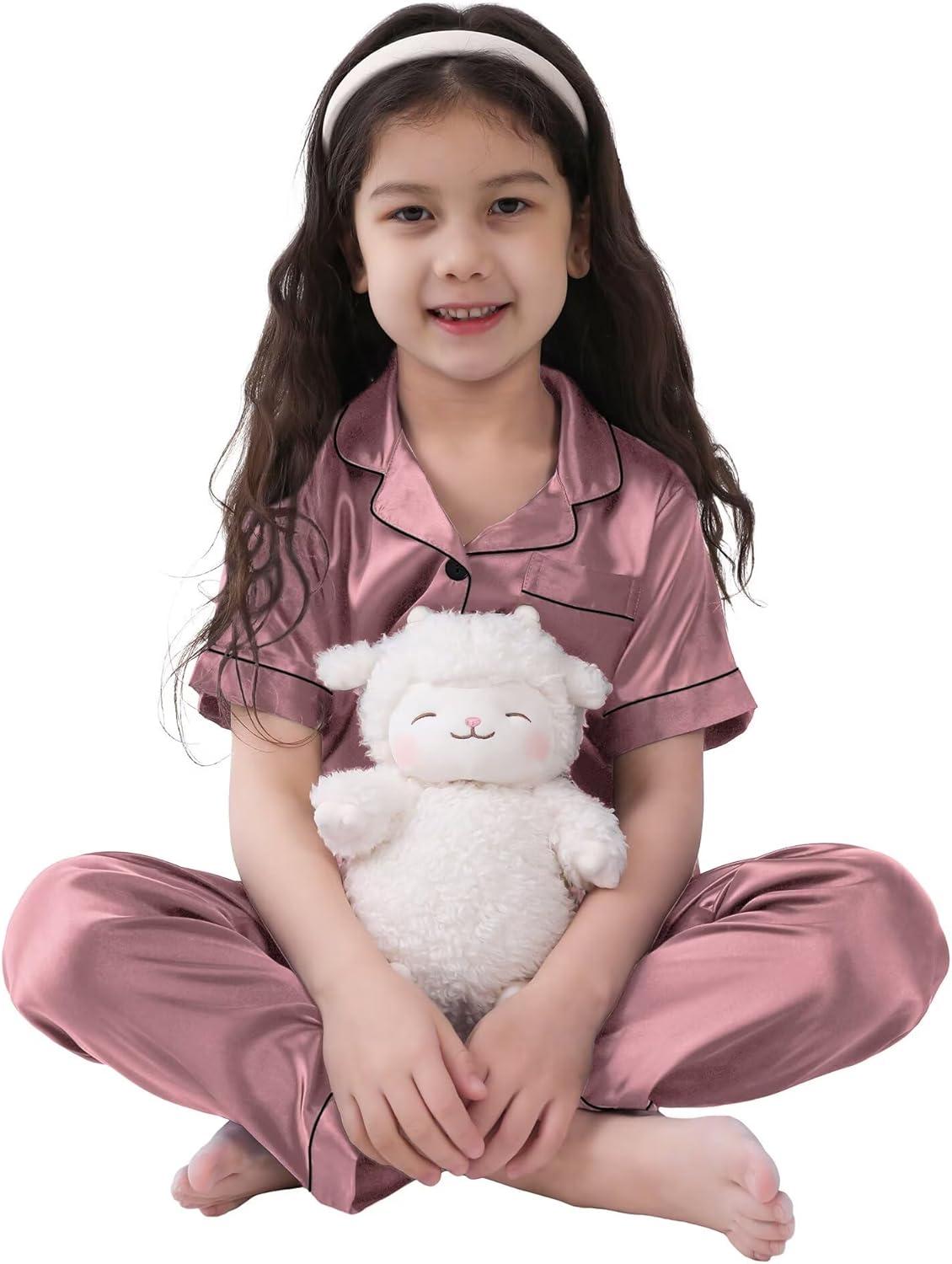imageSWOMOG Girls Boys Silk Satin Pajamas Set ButtonDown TwoPiece PJs Lounge Sets with Long PantsPantsmisty Rose