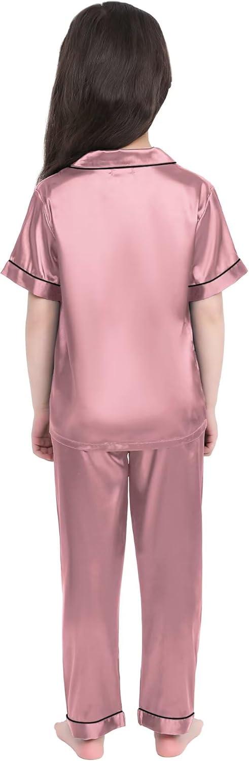 imageSWOMOG Girls Boys Silk Satin Pajamas Set ButtonDown TwoPiece PJs Lounge Sets with Long PantsPantsmisty Rose