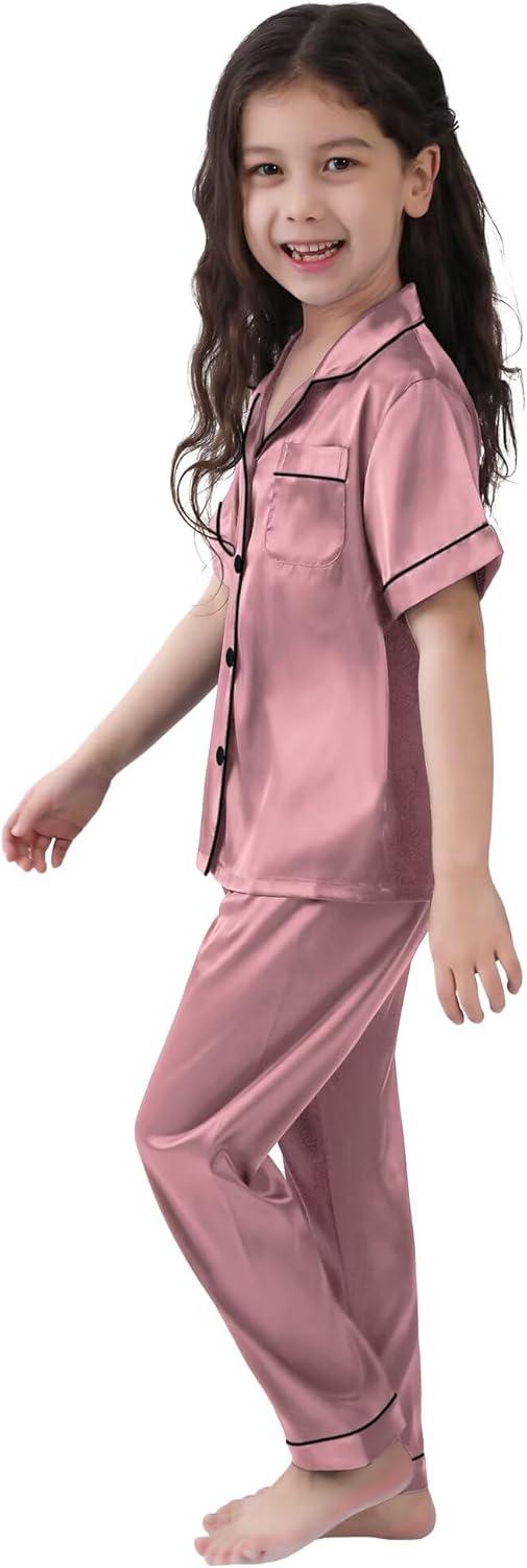 imageSWOMOG Girls Boys Silk Satin Pajamas Set ButtonDown TwoPiece PJs Lounge Sets with Long PantsPantsmisty Rose